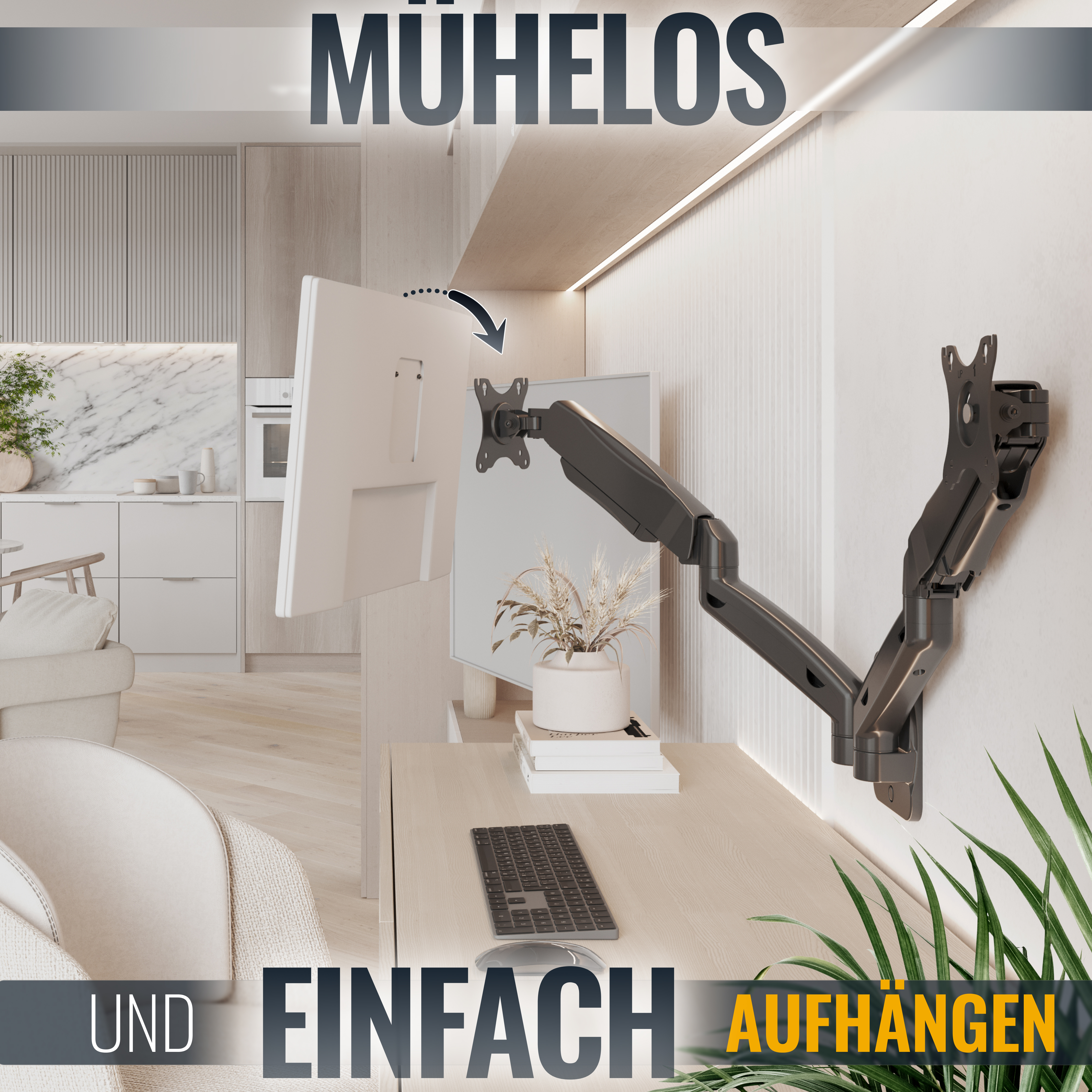 Wandmonitorarm, der einen Monitor hält, mit Tastatur und Dekoration in der Nähe.