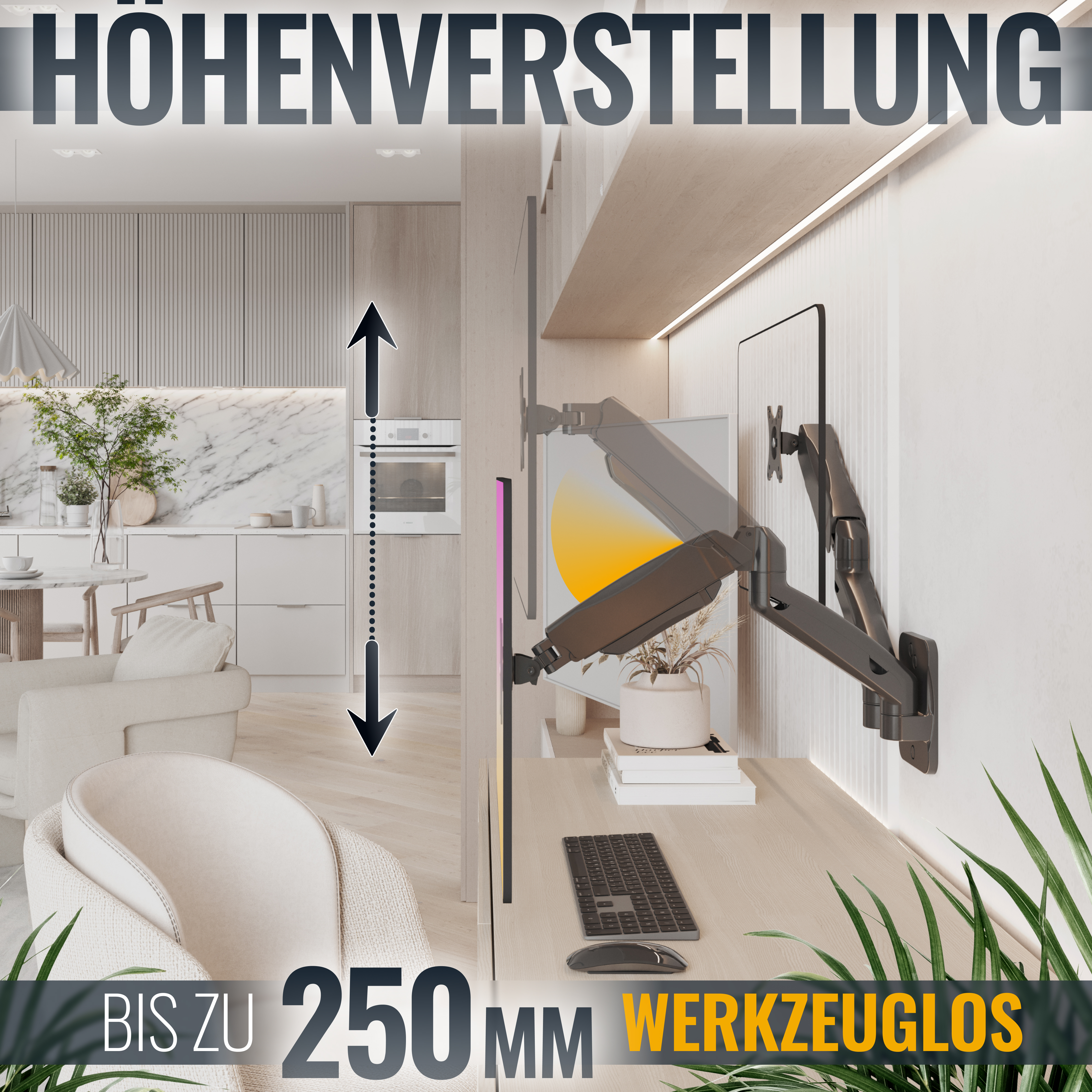 Ein modernes Zimmer mit einem Monitorarm an einem Schreibtisch.