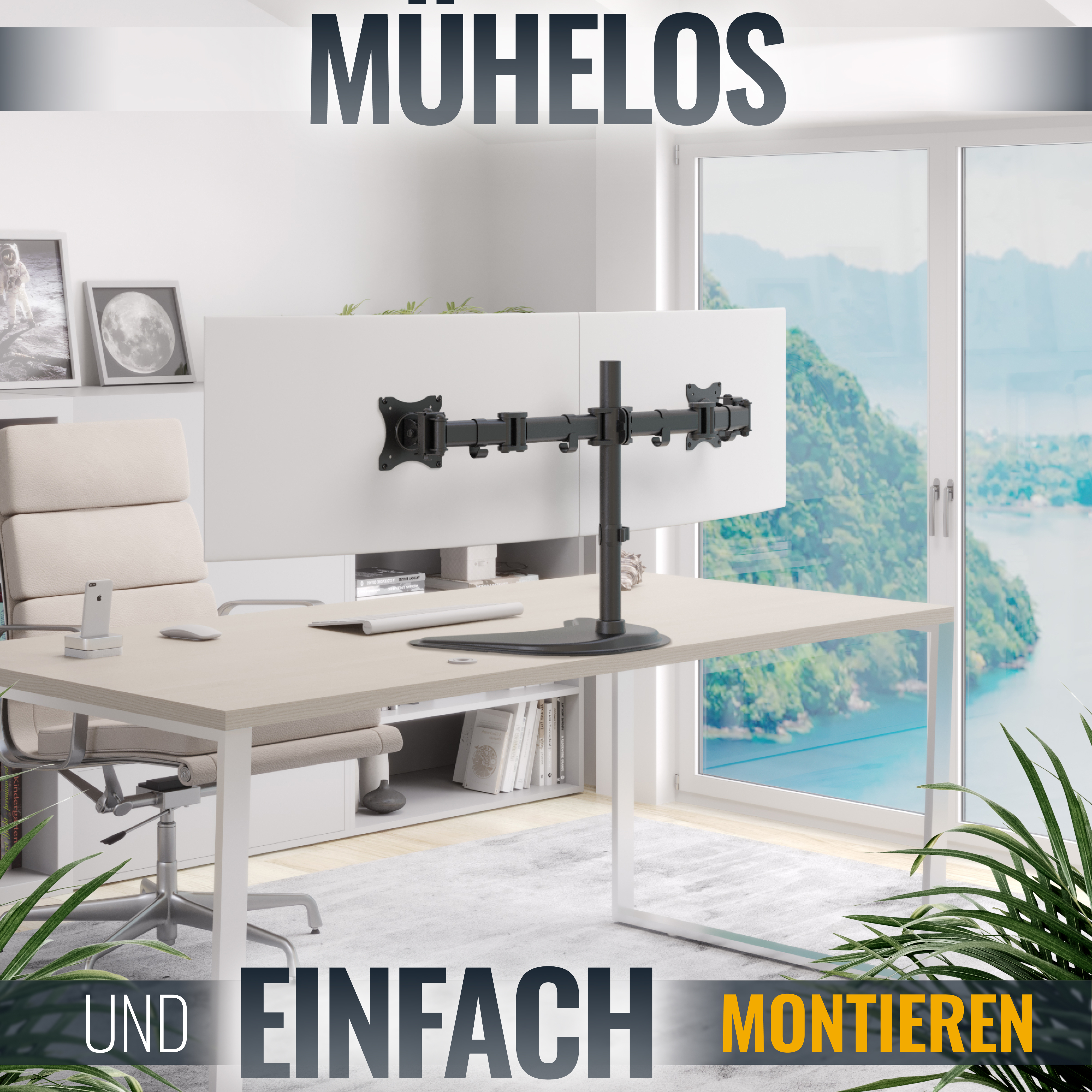 Ein Büro mit zwei Monitoren auf einem Schreibtisch. Text: MÜHELOS UND EINFACH MONTIEREN (mühelos und einfach montieren).