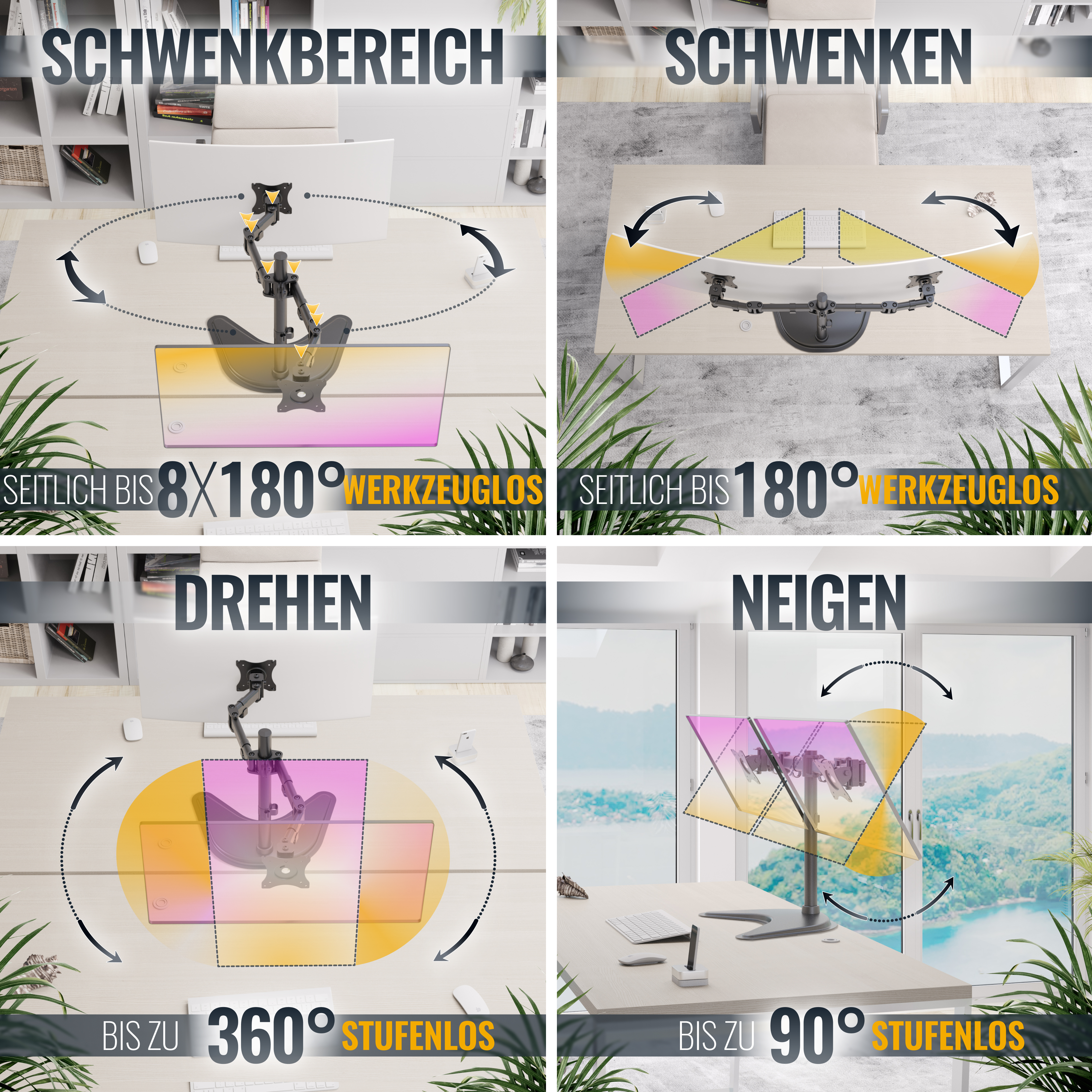 Vier Bilder, die die Bewegung des Monitorarms demonstrieren. Zeigt die Schwenk-, Dreh- und Neigefunktionen des Arms.