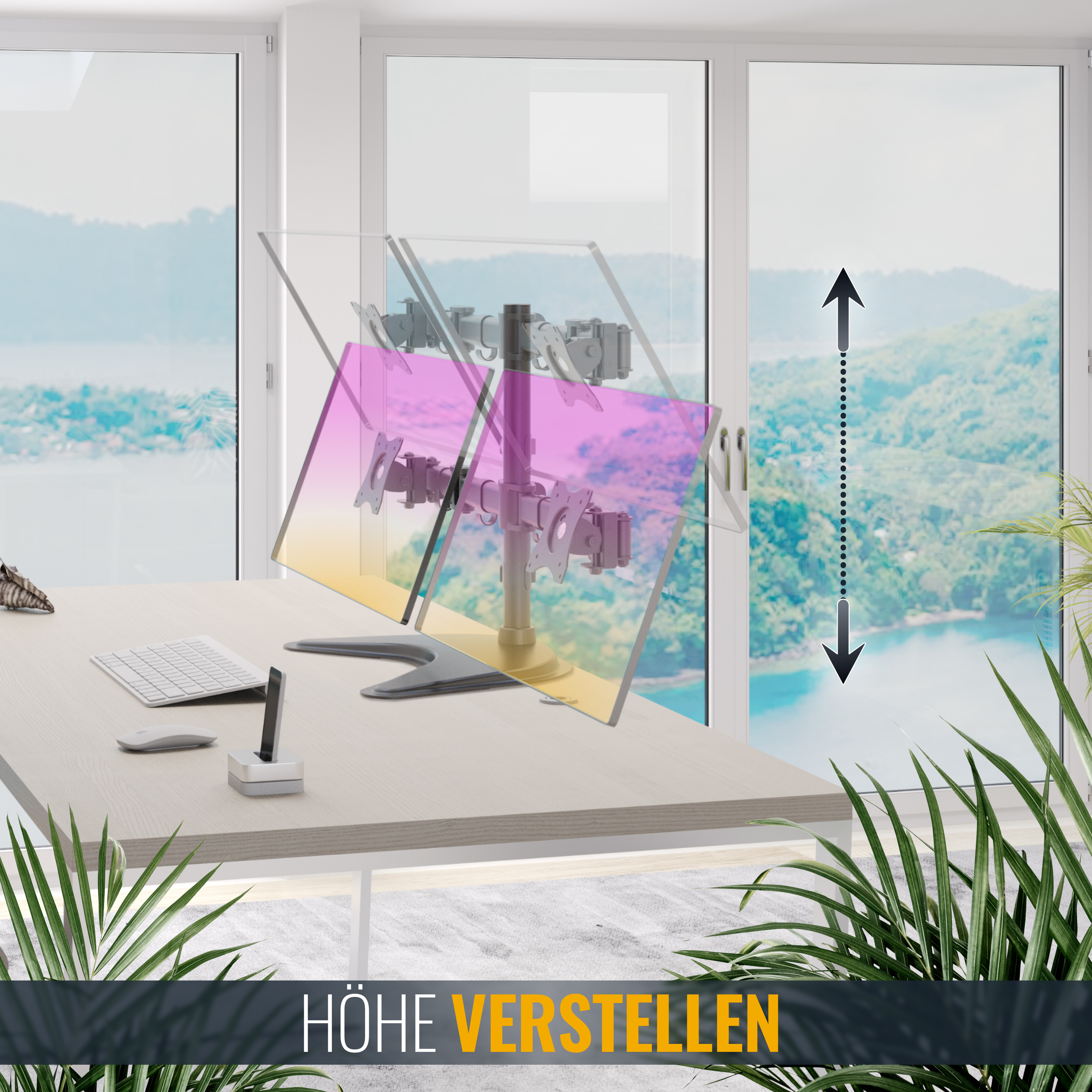 Ein Schreibtisch mit zwei Monitoren und Pflanzen vor einem Fenster mit Bergblick.