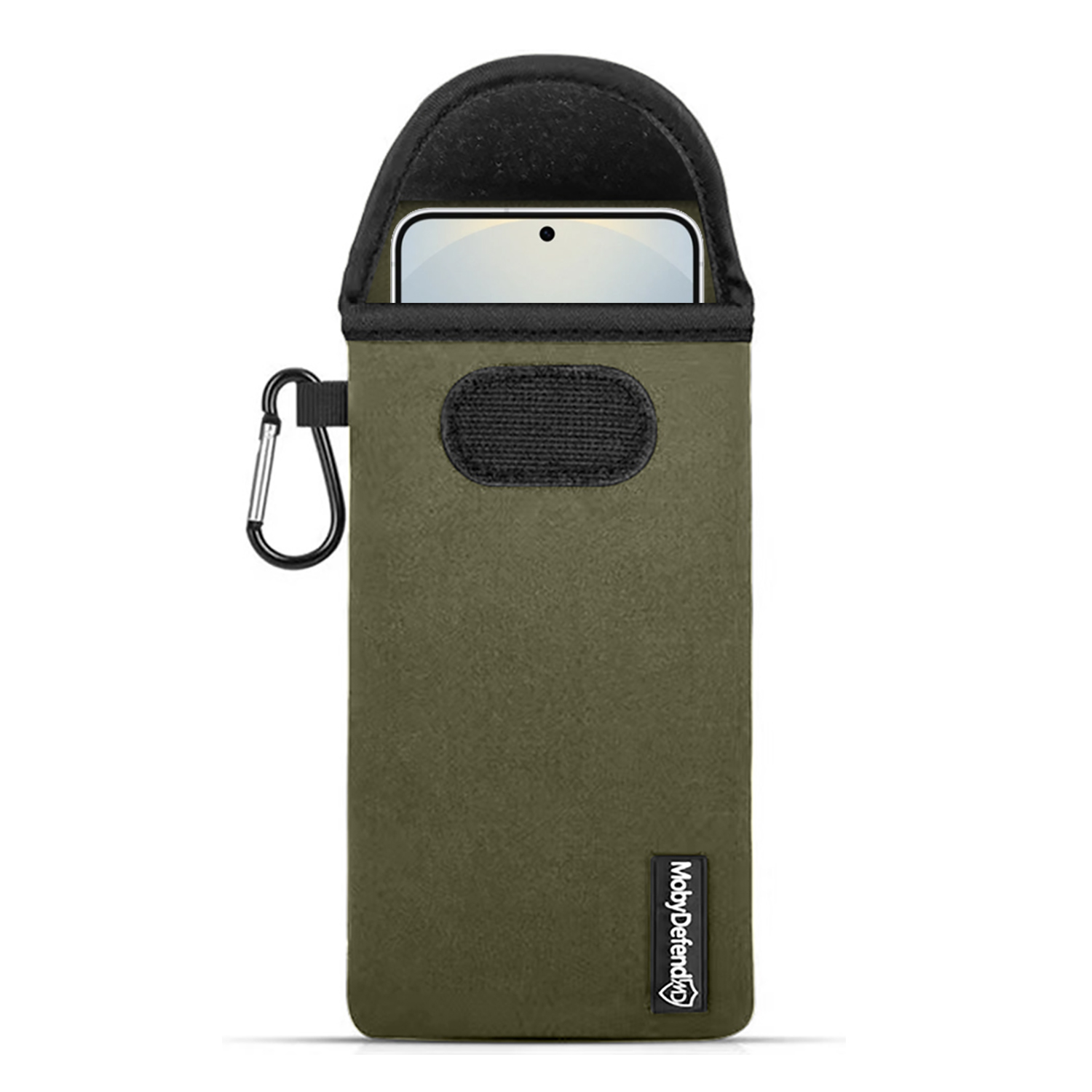 Een olijfgroene telefoonhoes met een zwarte rand en een clip aan de zijkant.