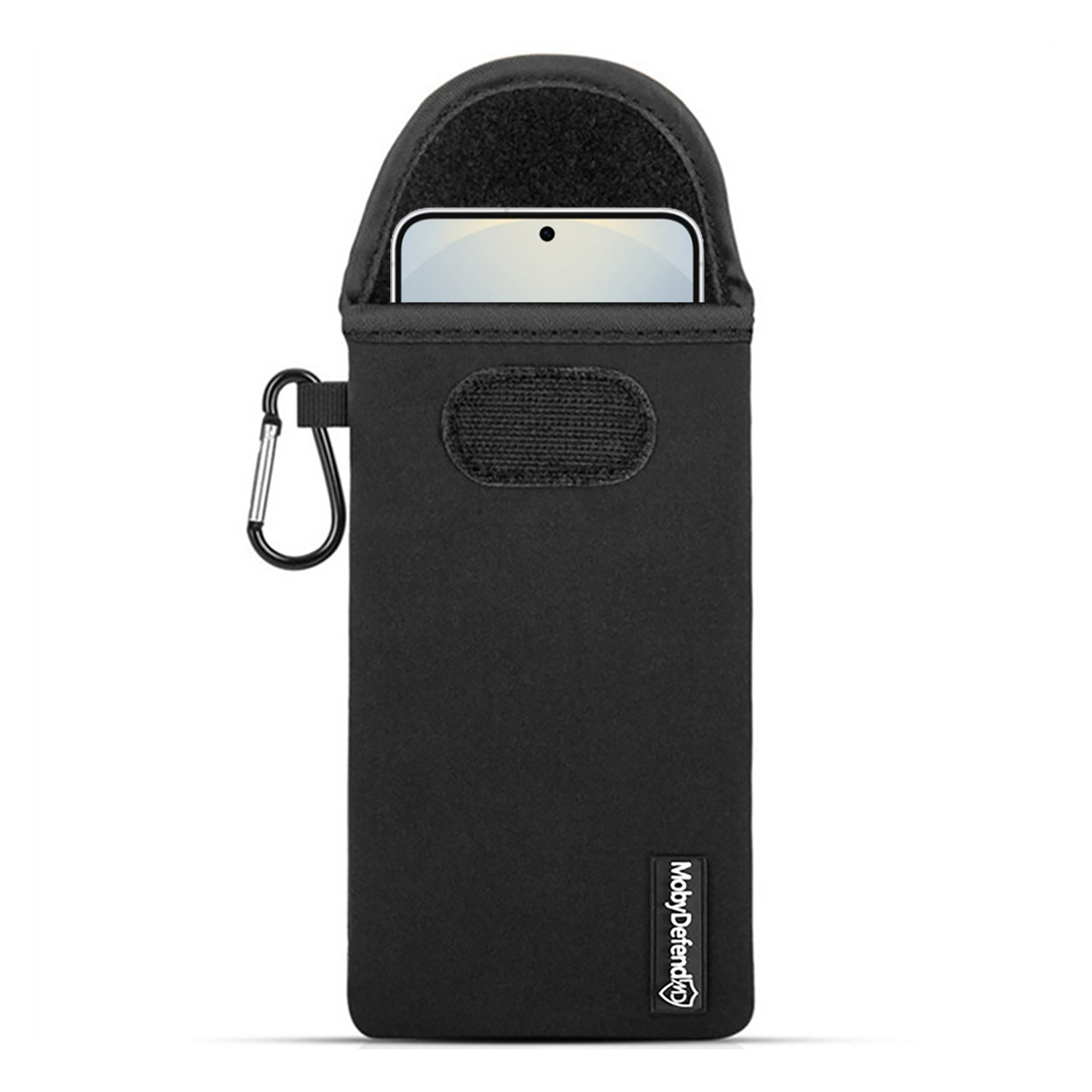 Een zwarte telefoonhoes met een zwarte rand en een clip aan de zijkant.