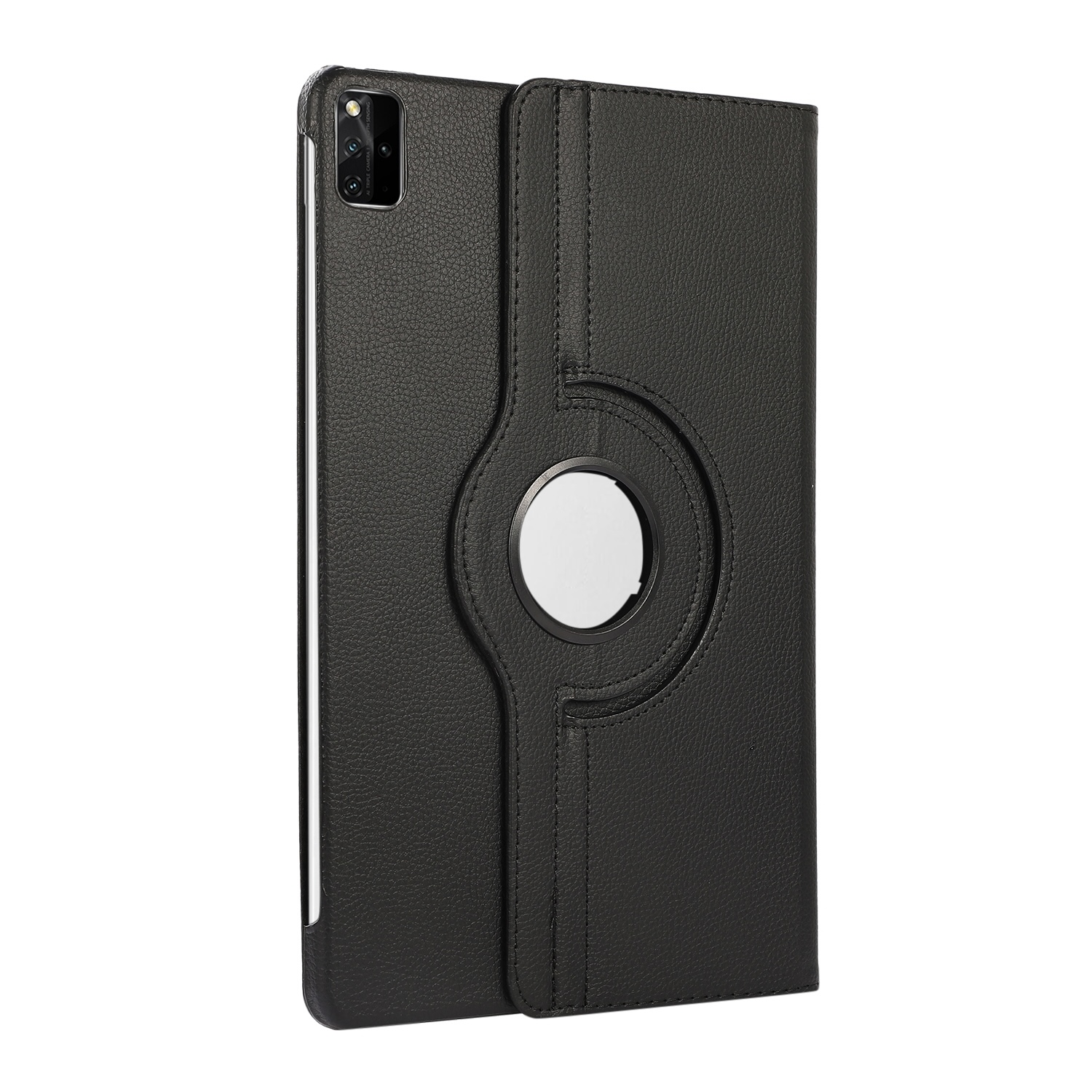 Funda negra para tablet con un anillo giratorio. La funda está cerrada.