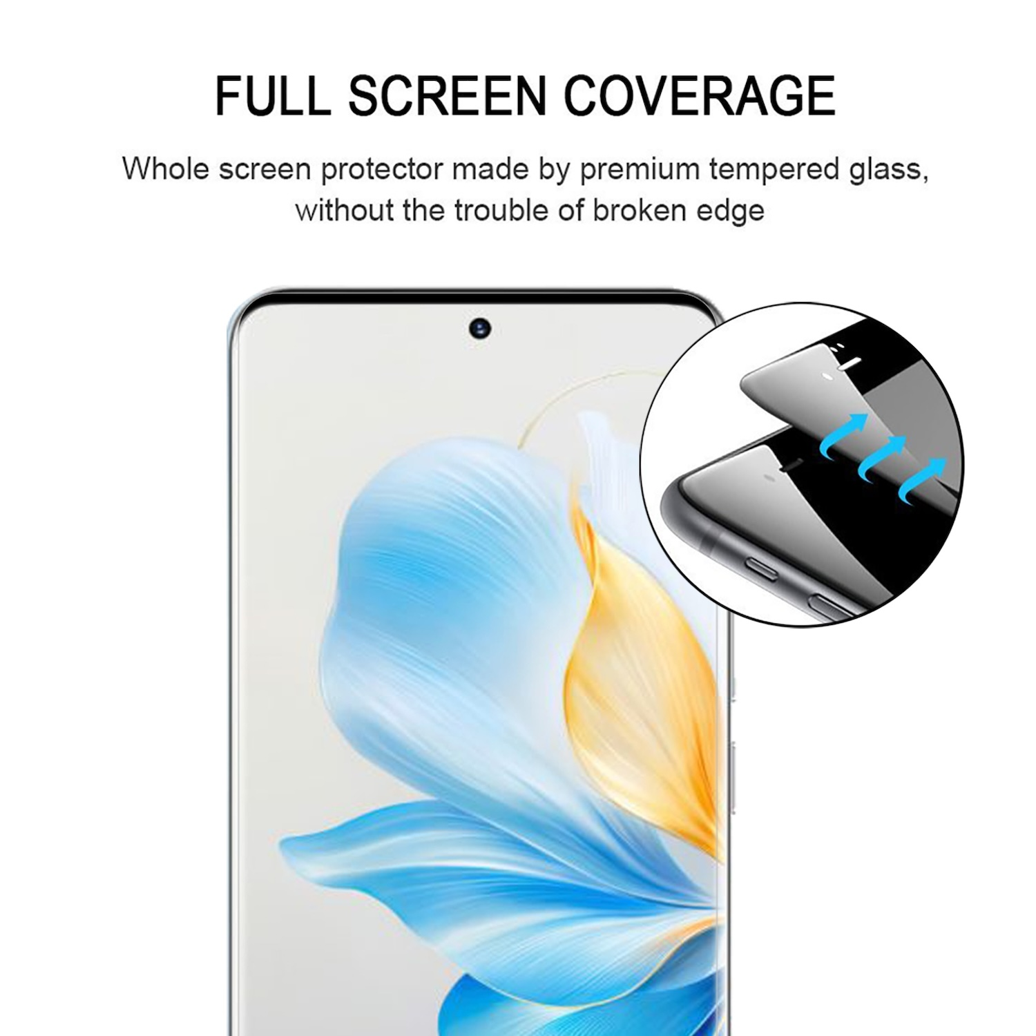 Telefono con protezione schermo applicata. Testo: 'Full Screen Coverage' e 'Ultra Clear'.