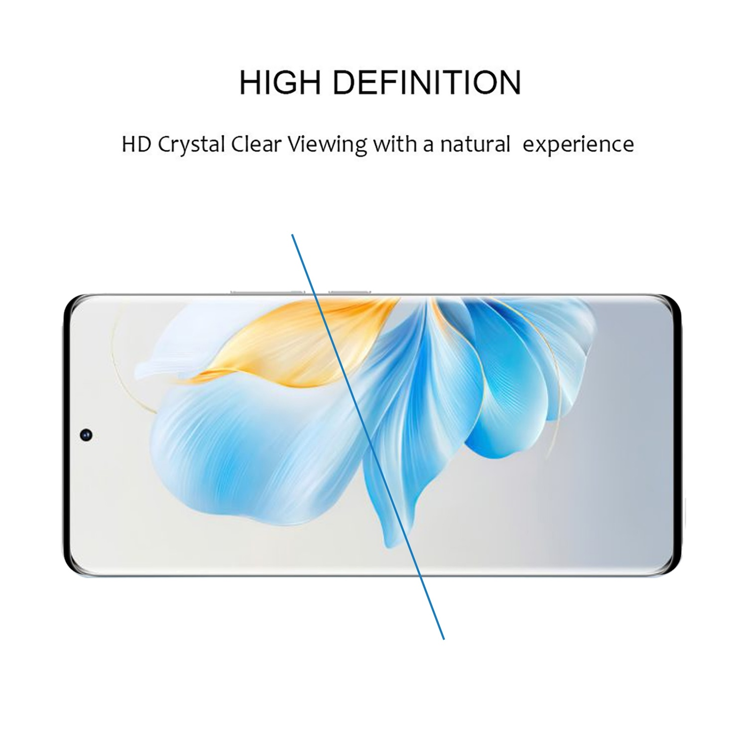 Schermo dello smartphone con una linea blu sovrapposta a un'immagine floreale.