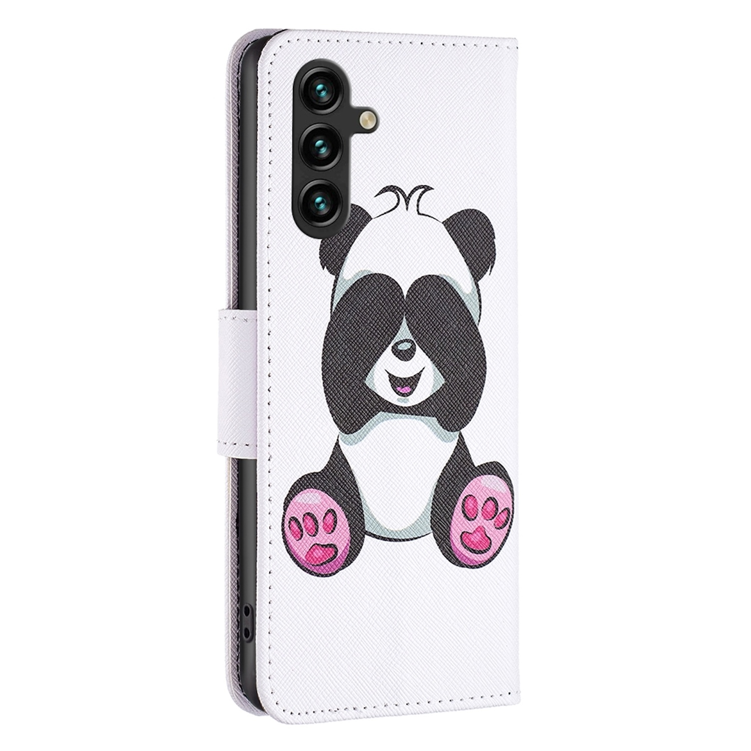 Funda blanca para teléfono con diseño de panda; un panda con los ojos cubiertos.
