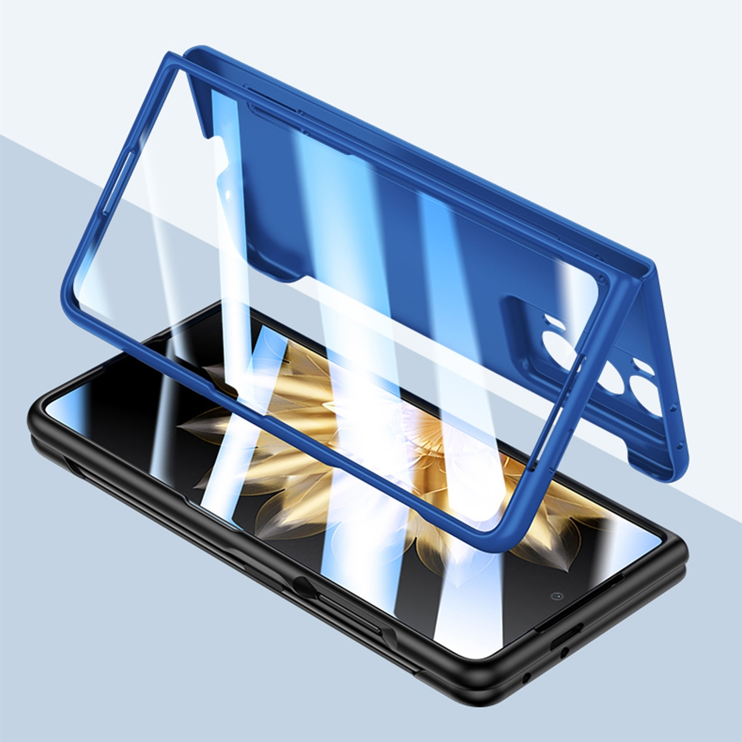 Ein Telefon in einem blauen Rahmen und einer transparenten Hülle. Der Bildschirm ist sichtbar.