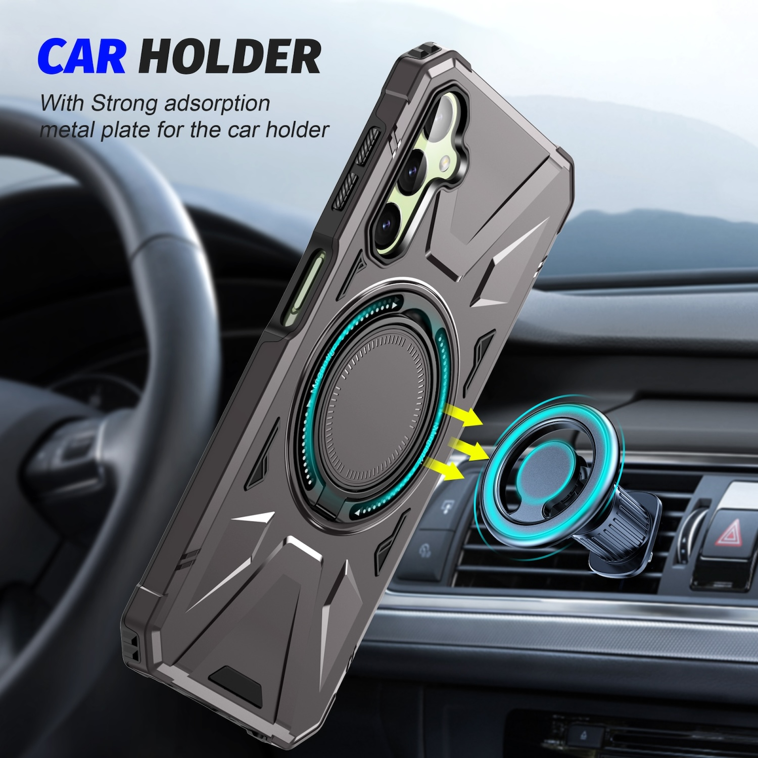 Eine Handyhülle mit Ringhalterung, montiert auf einem Armaturenbrett. Text: 'CAR HOLDER'.