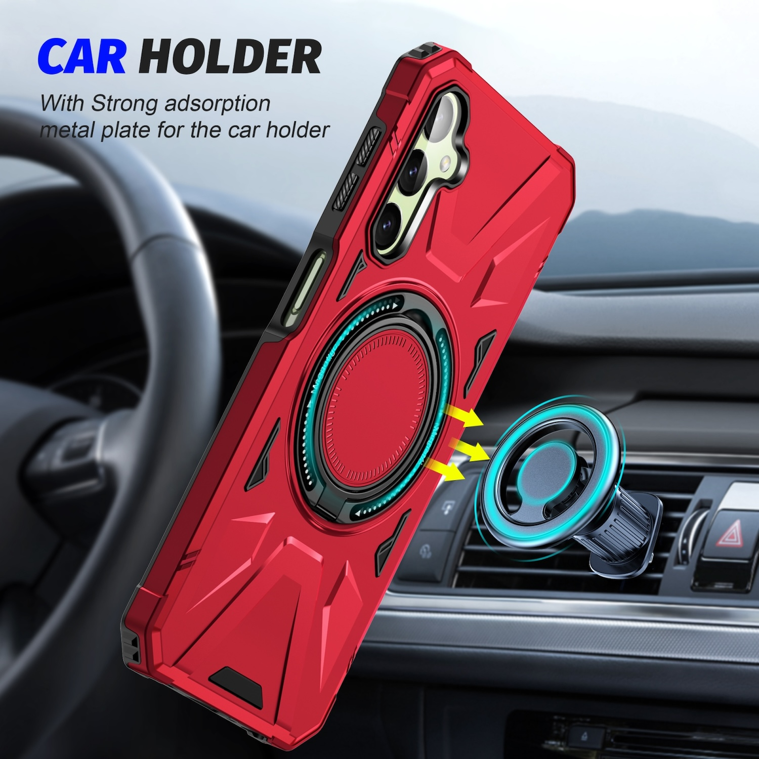 Una funda de teléfono roja con un soporte de anillo en el salpicadero del coche. La funda tiene un diseño texturizado.