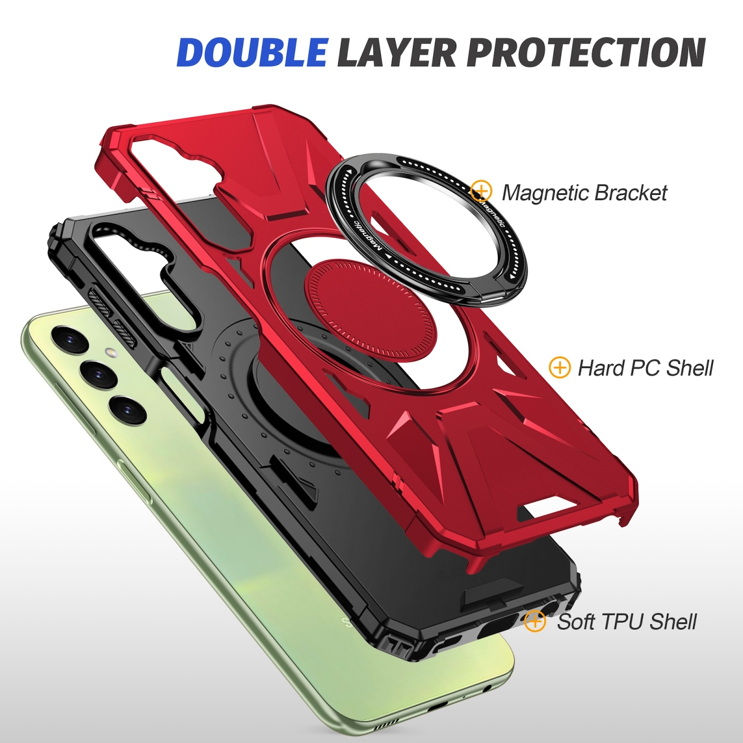 Vista explotada de una funda de teléfono que muestra capas: TPU suave, PC duro y un soporte magnético.