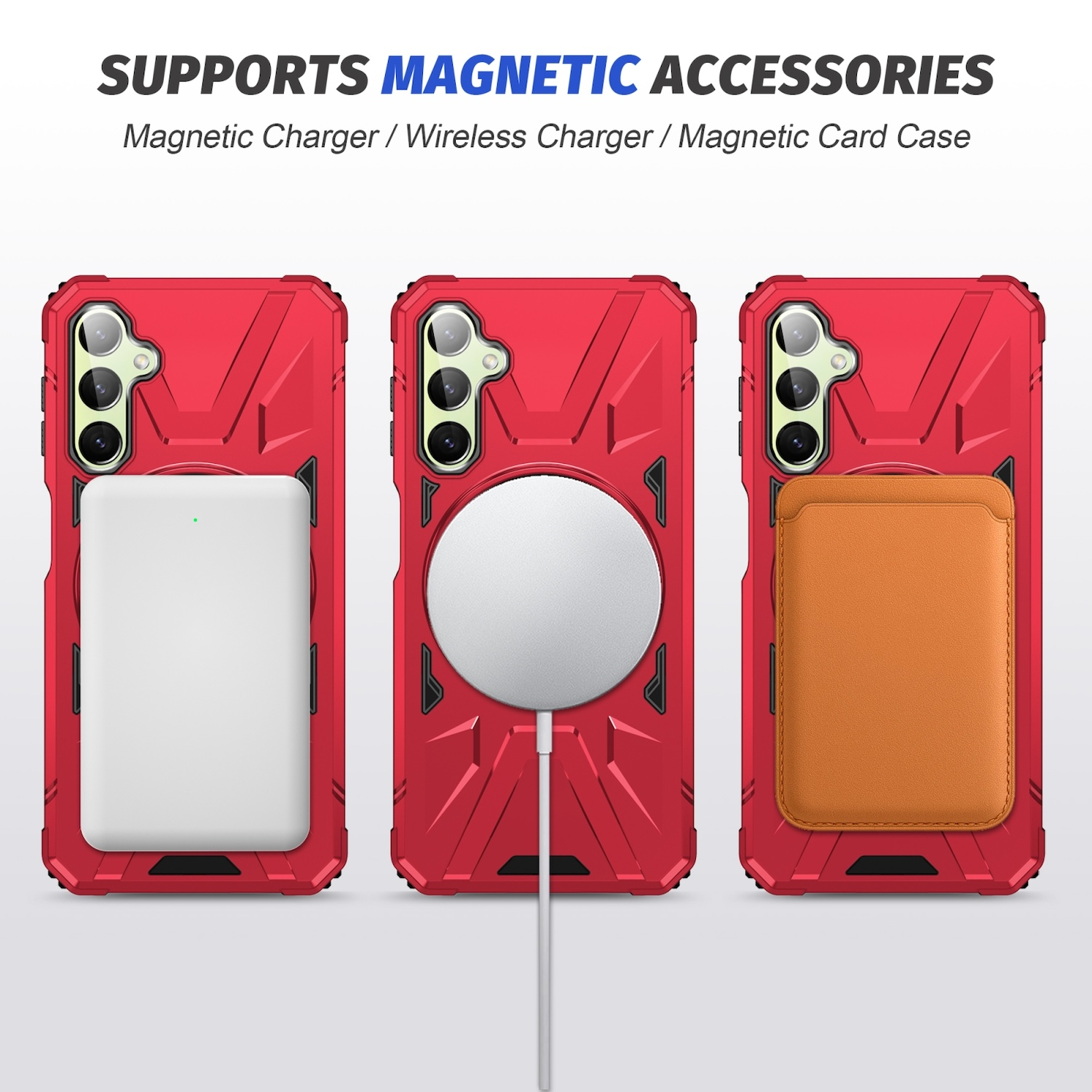 Tres fundas rojas para teléfono con accesorios magnéticos. Fondo rojo.