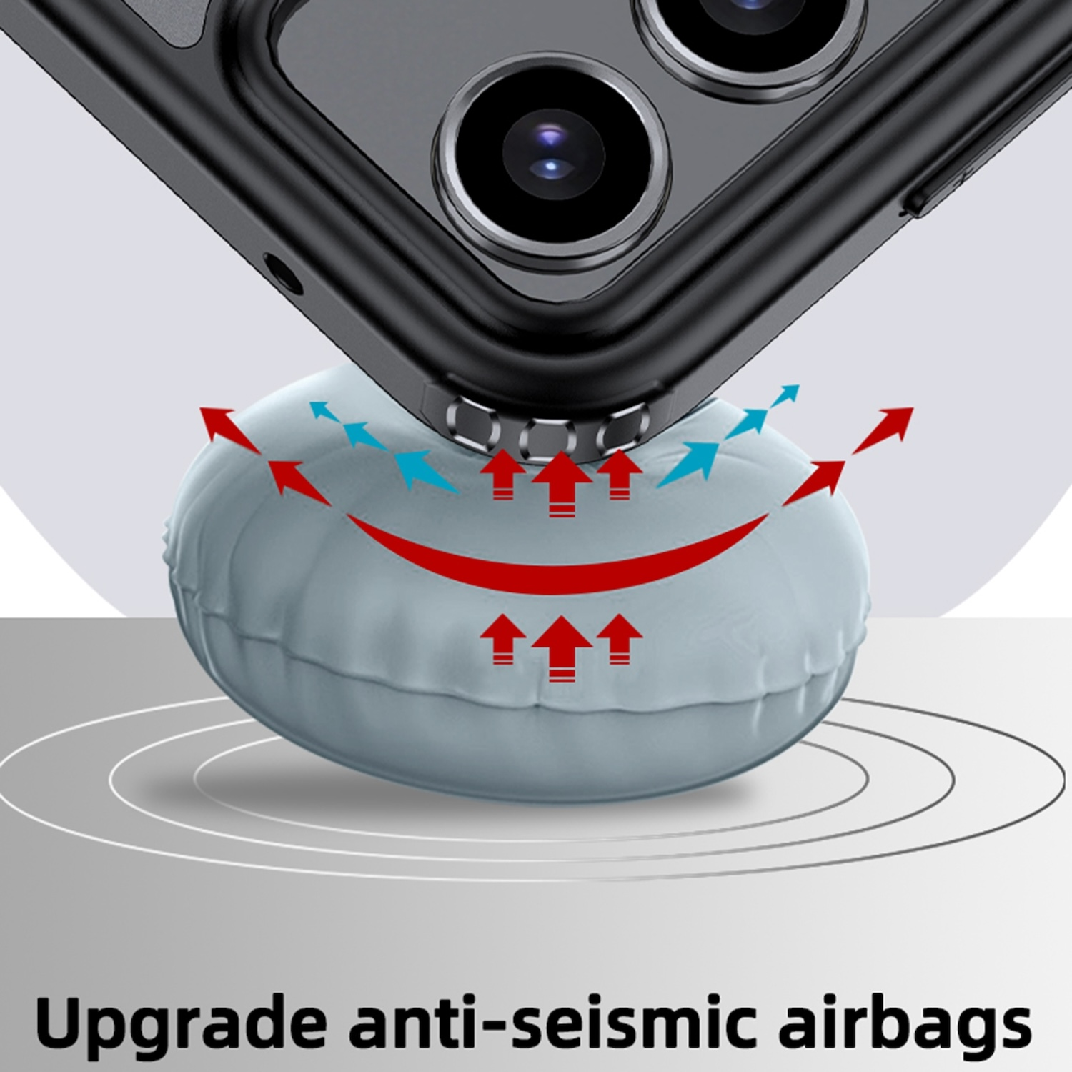 Nahaufnahme eines Telefons mit schwarzem Gehäuse; Pfeile veranschaulichen die Wirkung von Anti-Erdbeben-Airbags.
