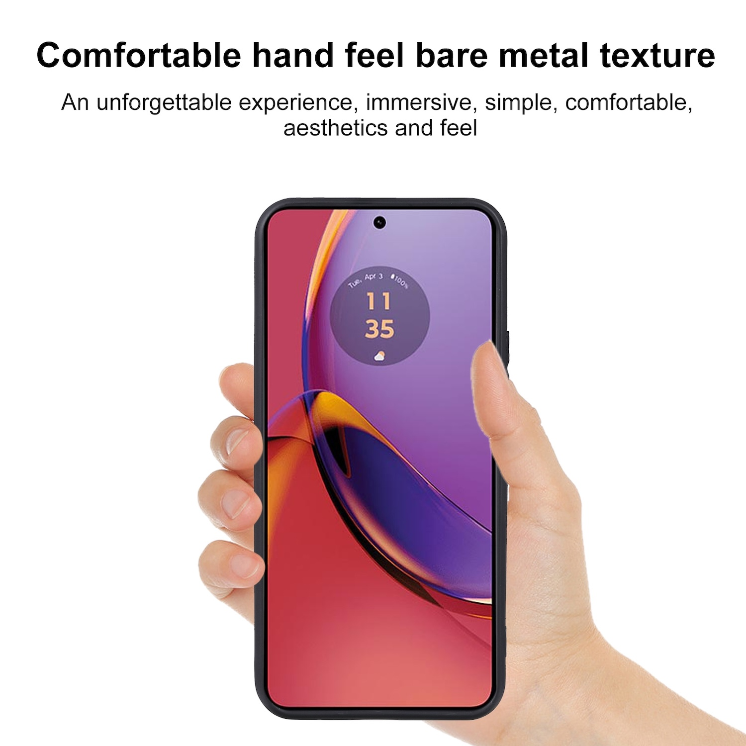 Hand hält Telefon mit Uhr und Details. Weißer Hintergrund.