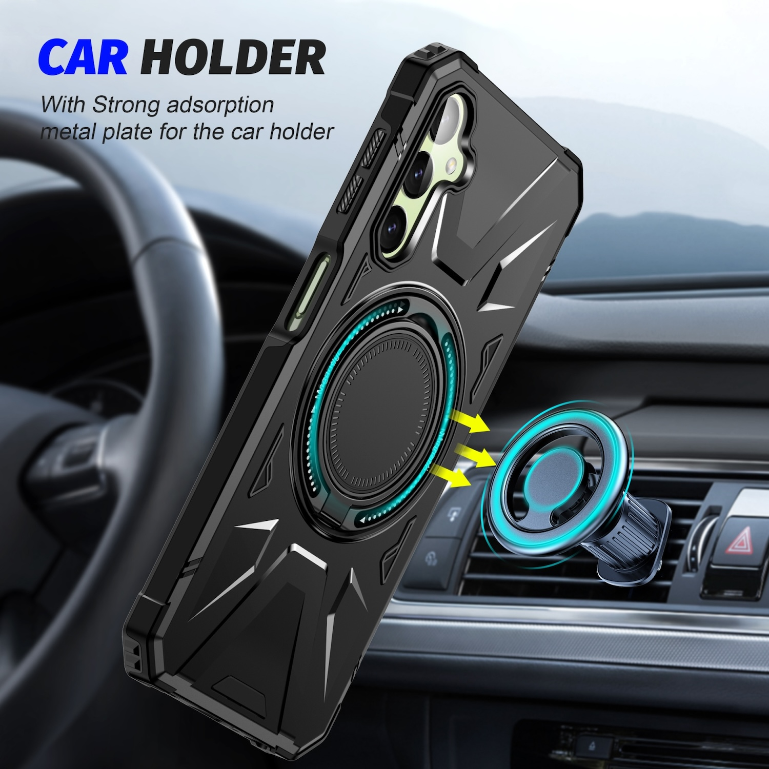 Funda negra para teléfono con soporte de anillo, montada en el salpicadero de un coche. Flechas amarillas.