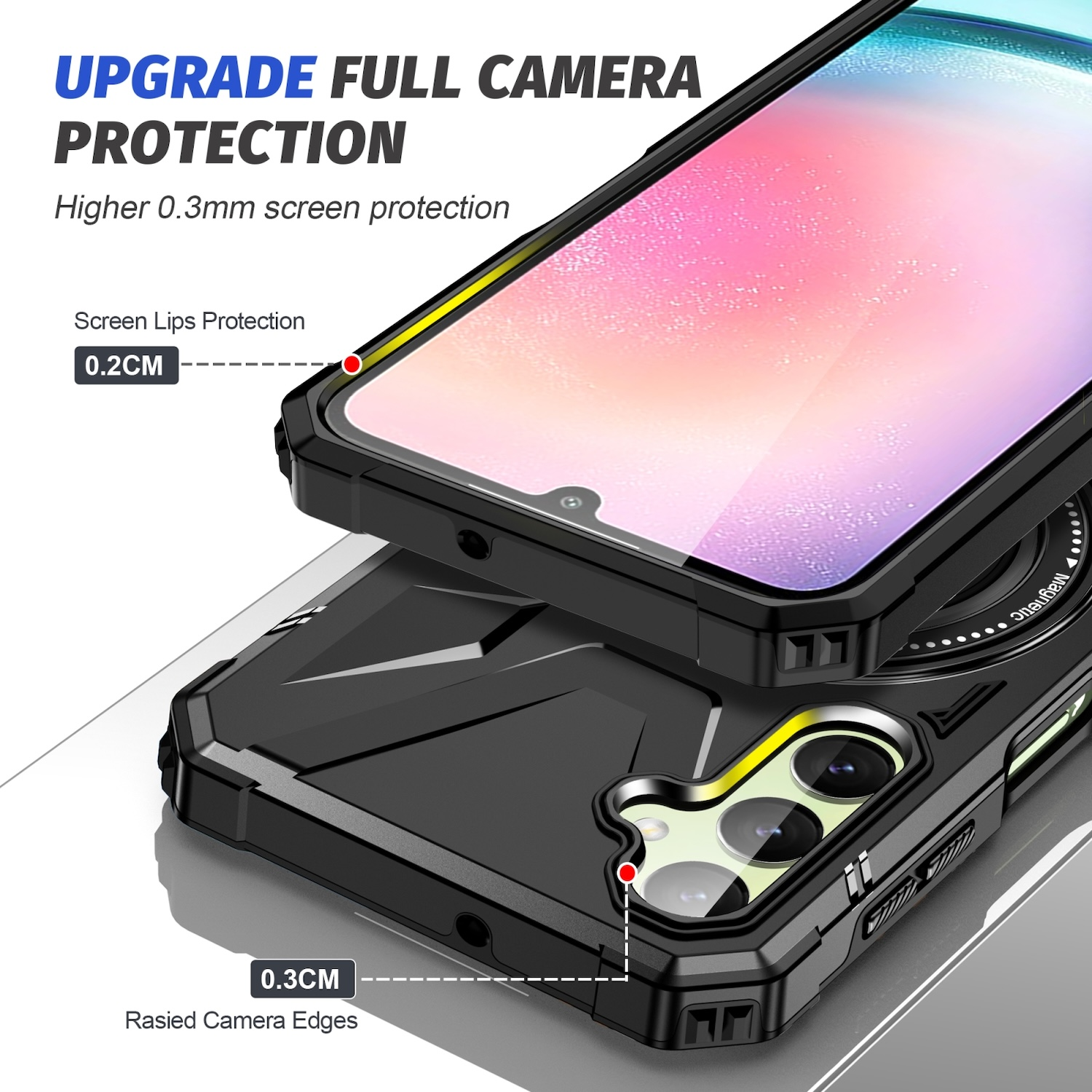 Una funda de teléfono negra con un teléfono. Se destacan las funciones de protección de pantalla y cámara.