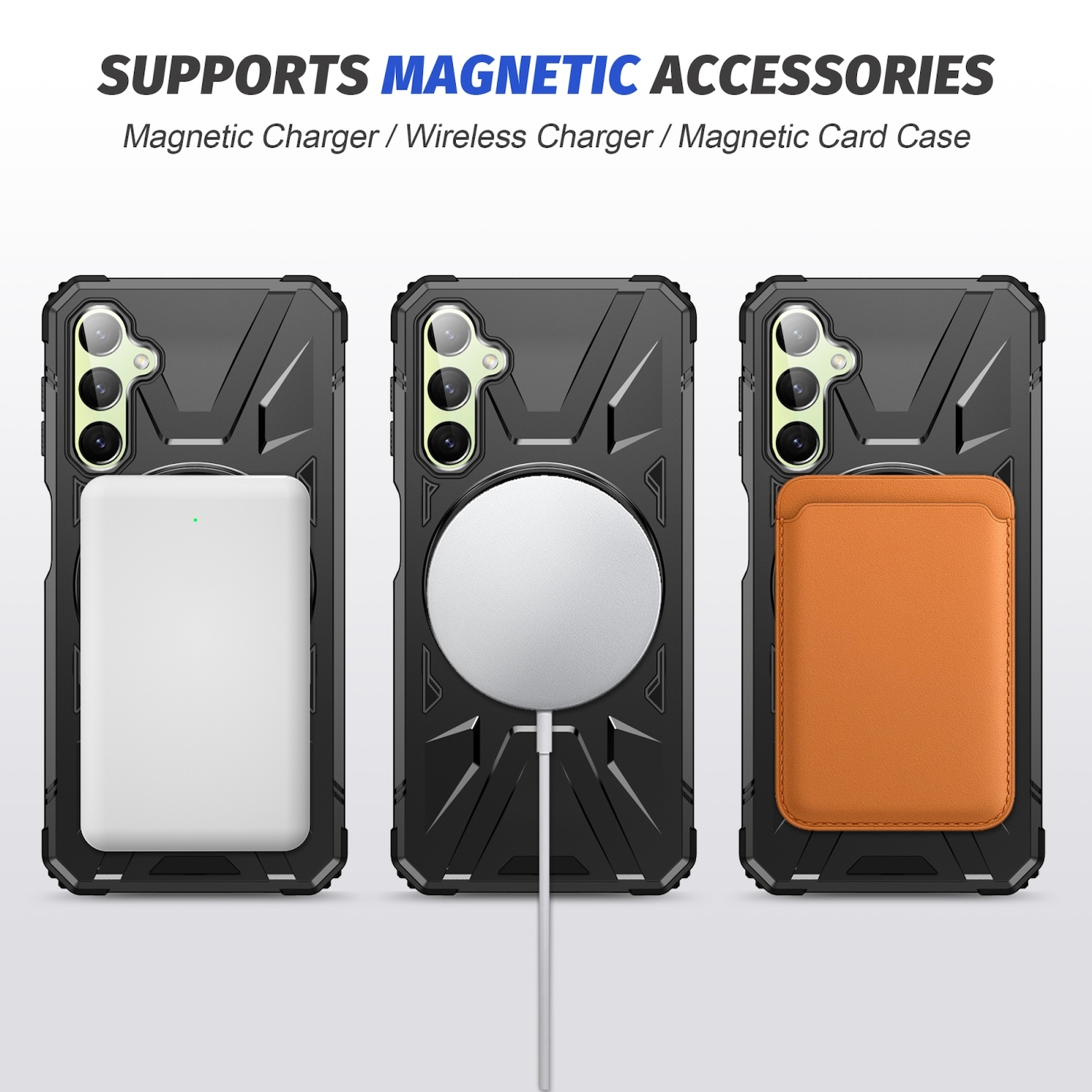 Tres fundas de teléfono con accesorios magnéticos: cargador, cargador inalámbrico y tarjetero.