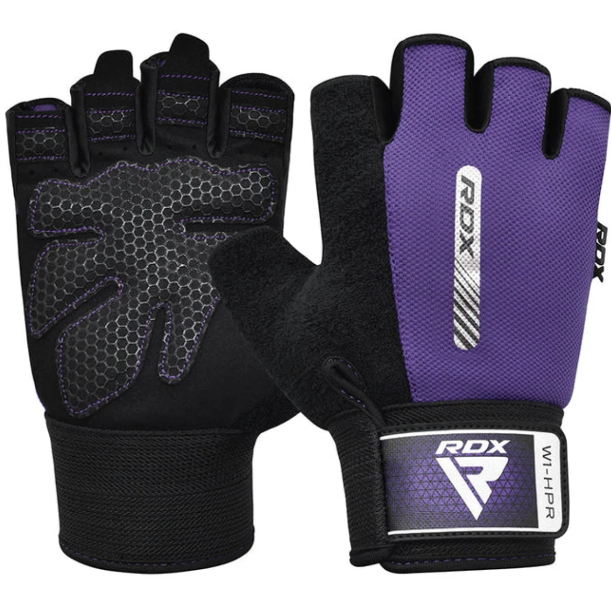 Une paire de gants d'haltérophilie violets et noirs avec support de poignet et paumes texturées.