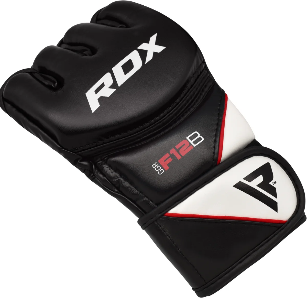 Zwart-witte MMA-handschoen met rode accenten. Wit "RDX" logo aanwezig.