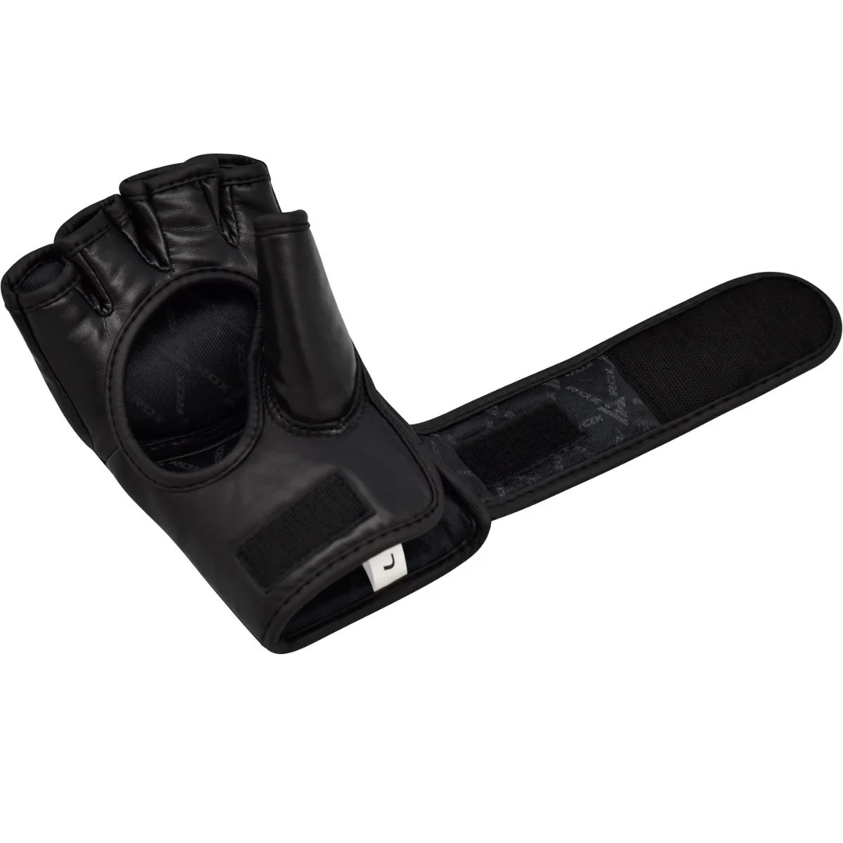 Zwarte vingerloze trainingshandschoenen met een klittenband en een label met 'L'.