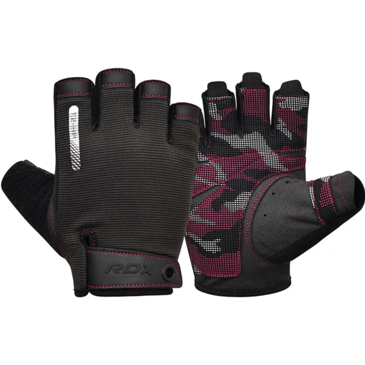 Gants d'haltérophilie noirs avec des touches de rose et le logo RDX.