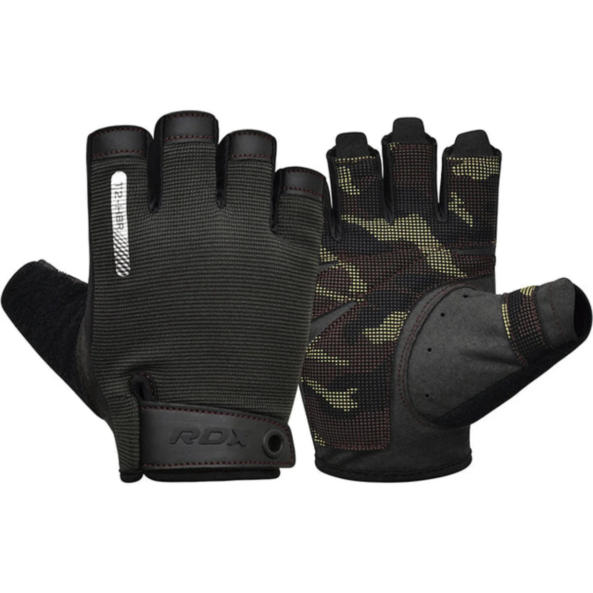 Zwarte en camo trainingshandschoenen met rode stiksels en RDX-logo.