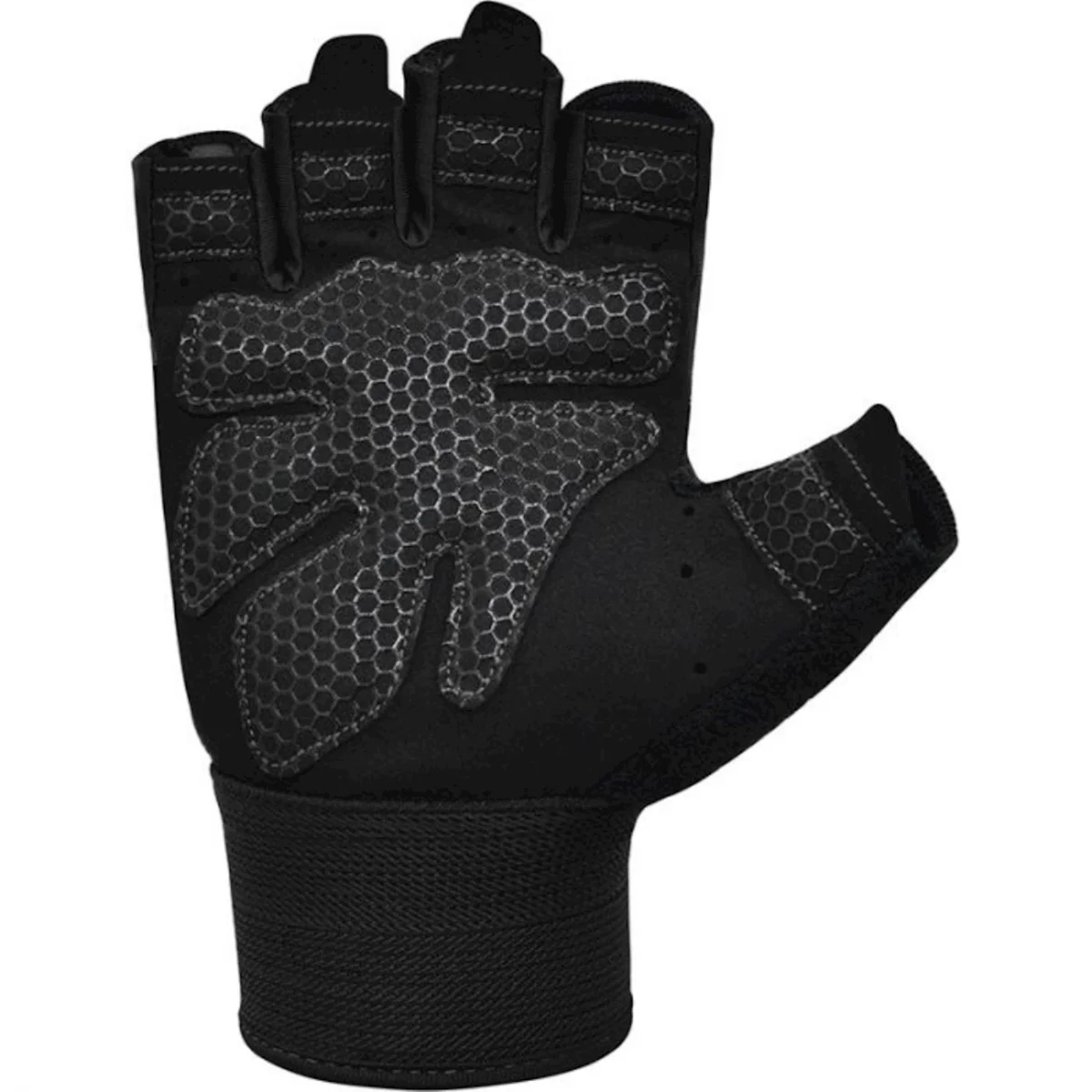 Black weightlifting glove, open palm, with padding and wrist support.