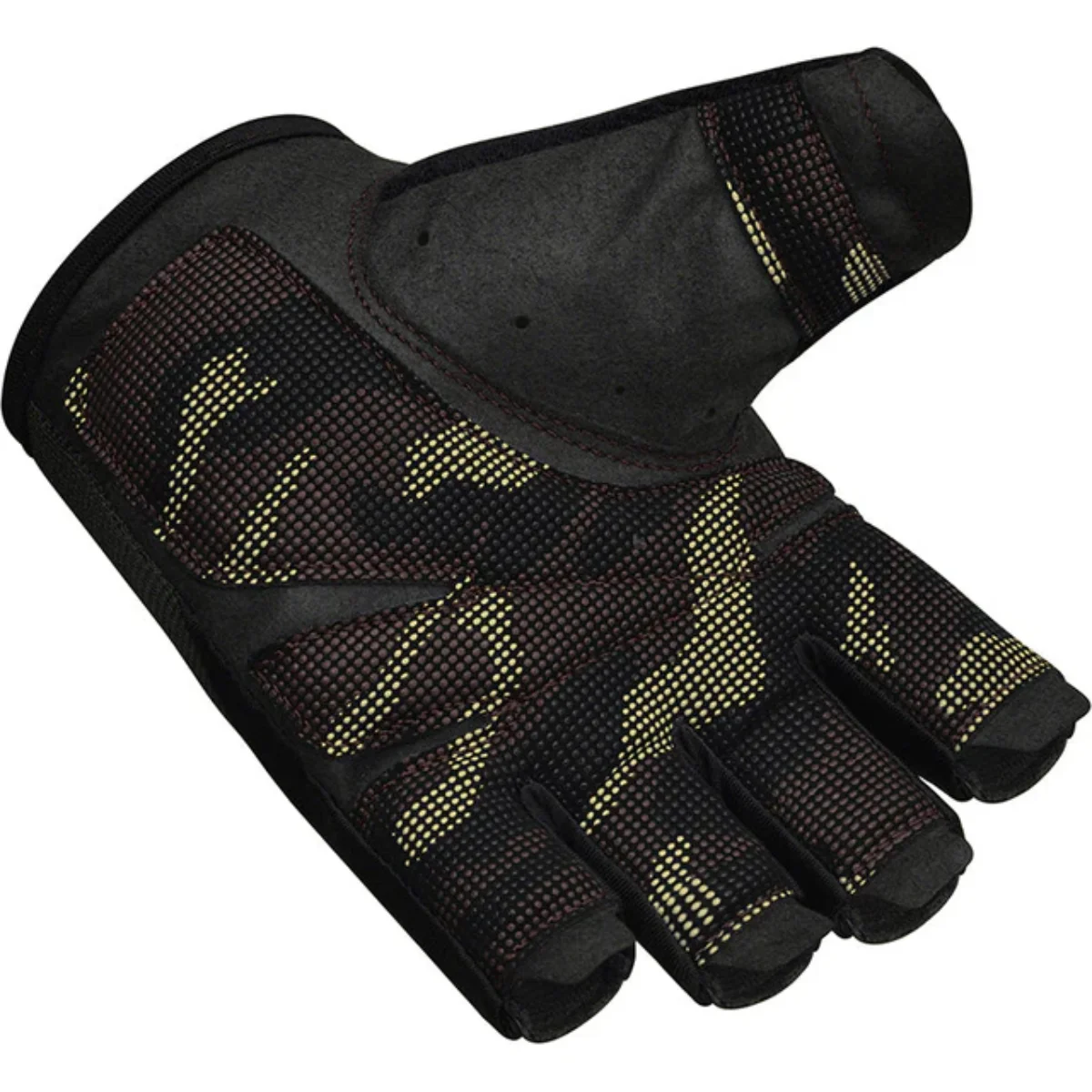 Zwarte en bruine camouflagehandschoen. De handschoen heeft een gewatteerde handpalm en vingers.