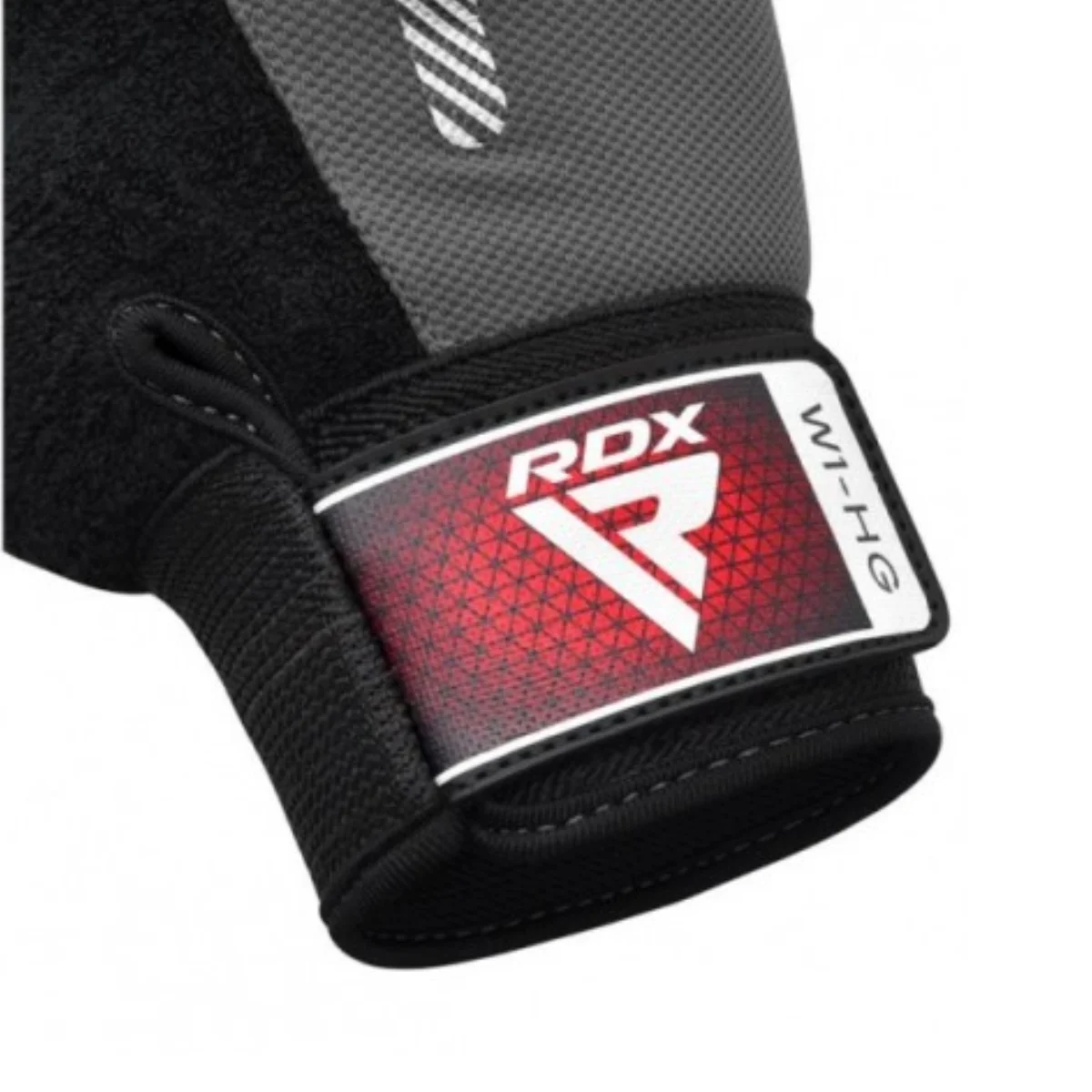 Close-up of a black and gray RDX boxing glove. The brand name is visible.
