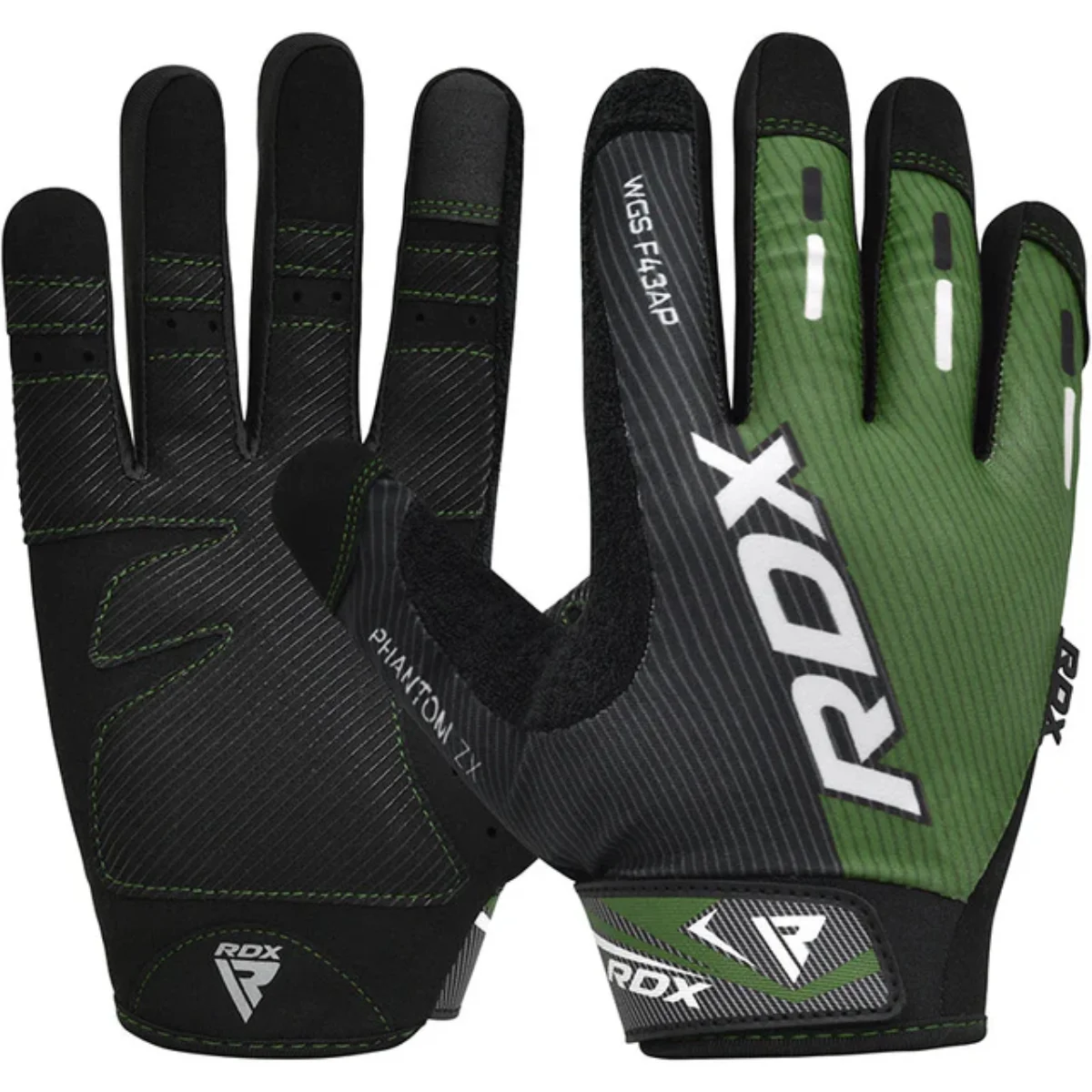 Paar groene en zwarte handschoenen met de merknaam RDX erop.