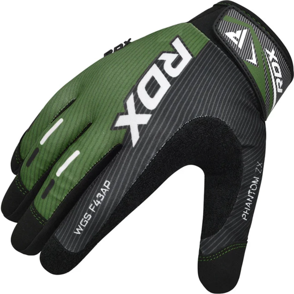 Groene en zwarte gewichthefhandschoen. RDX-logo op de handschoen. Zwarte vingers en handpalm.