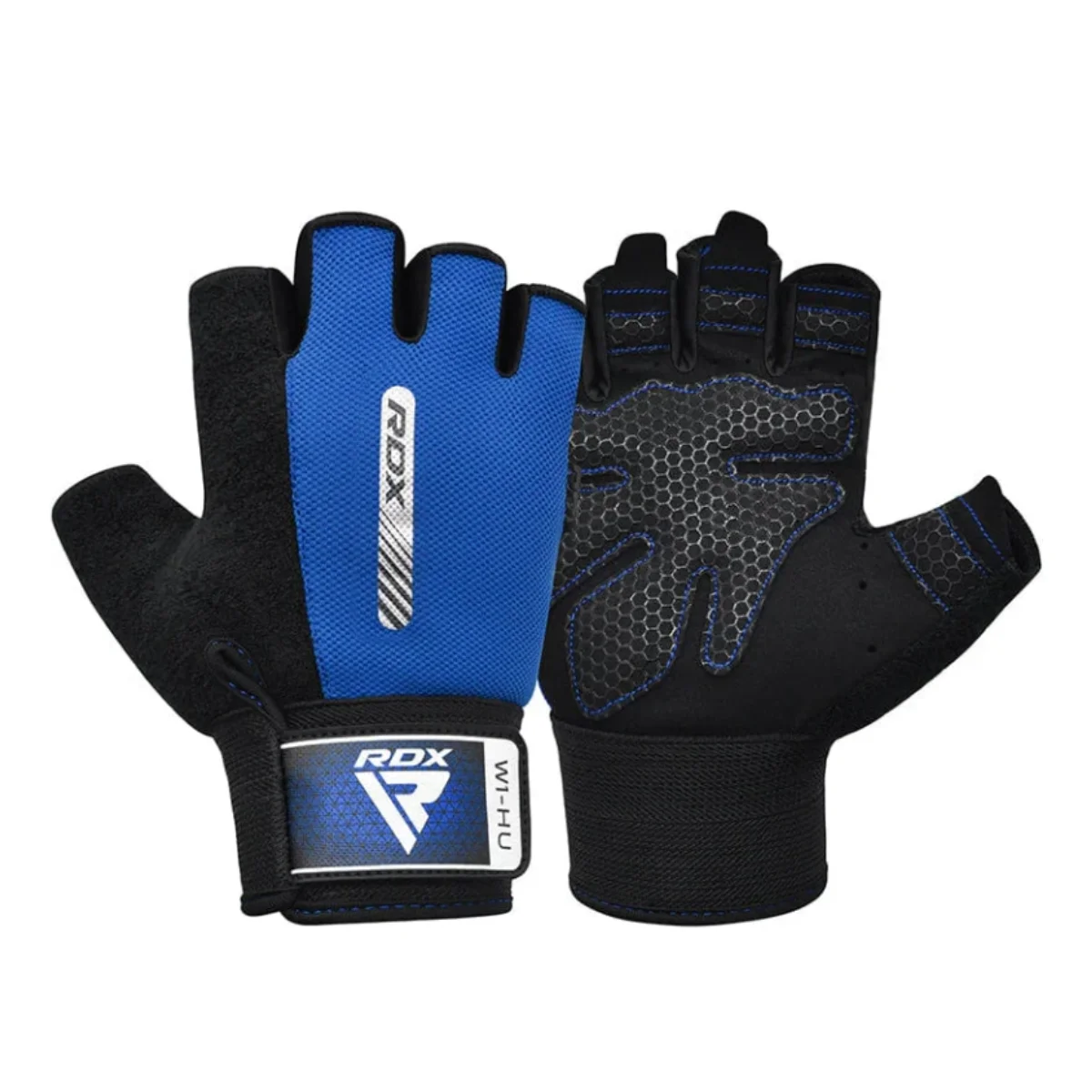 Gants d'entraînement noirs et bleus avec la marque RDX. Support de poignet visible.