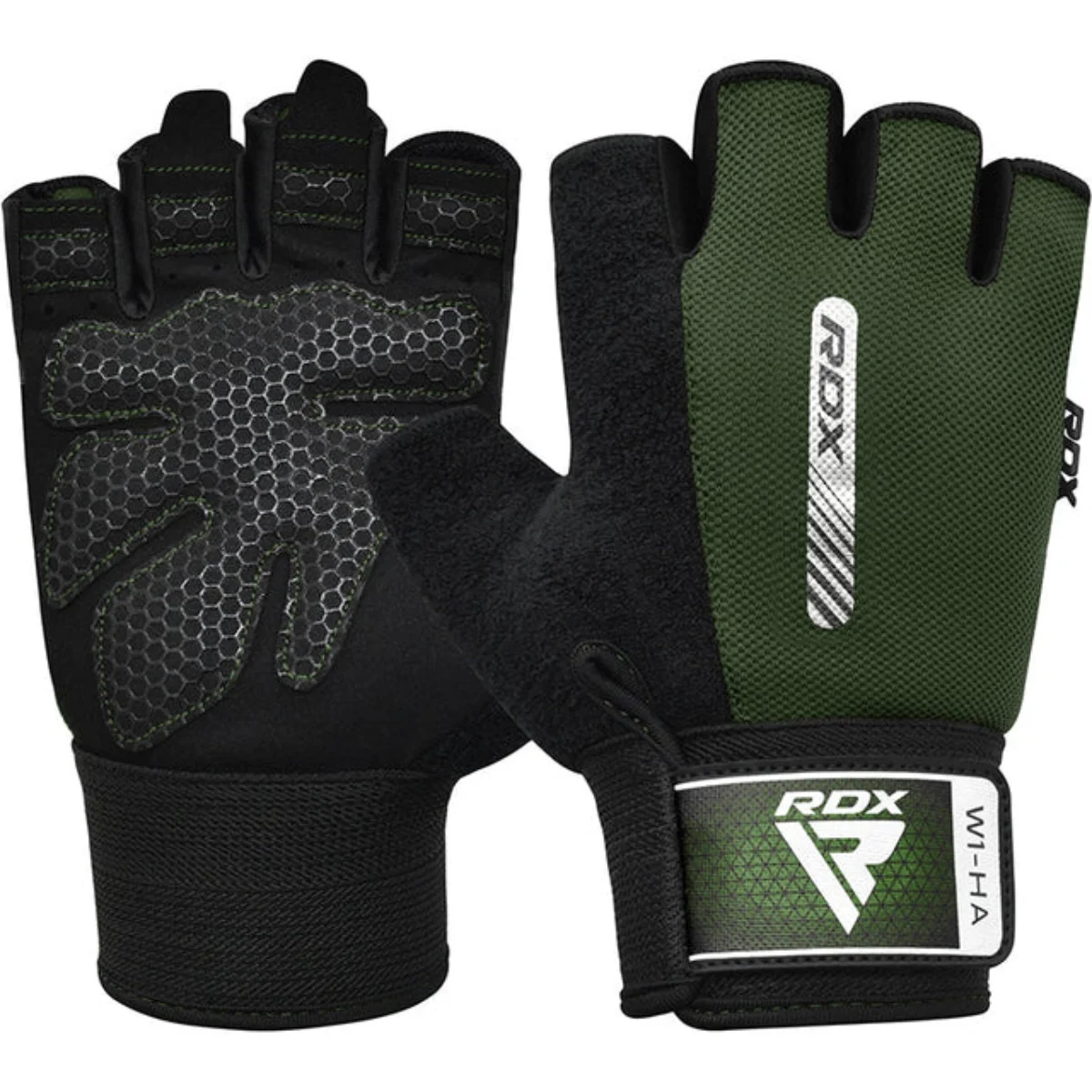 Gants d'haltérophilie verts et noirs. Paume ouverte avec rembourrage et sangle de poignet.