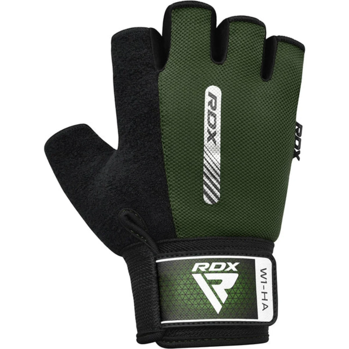 Gants d'entraînement noirs et verts avec la marque RDX. Support de poignet visible.