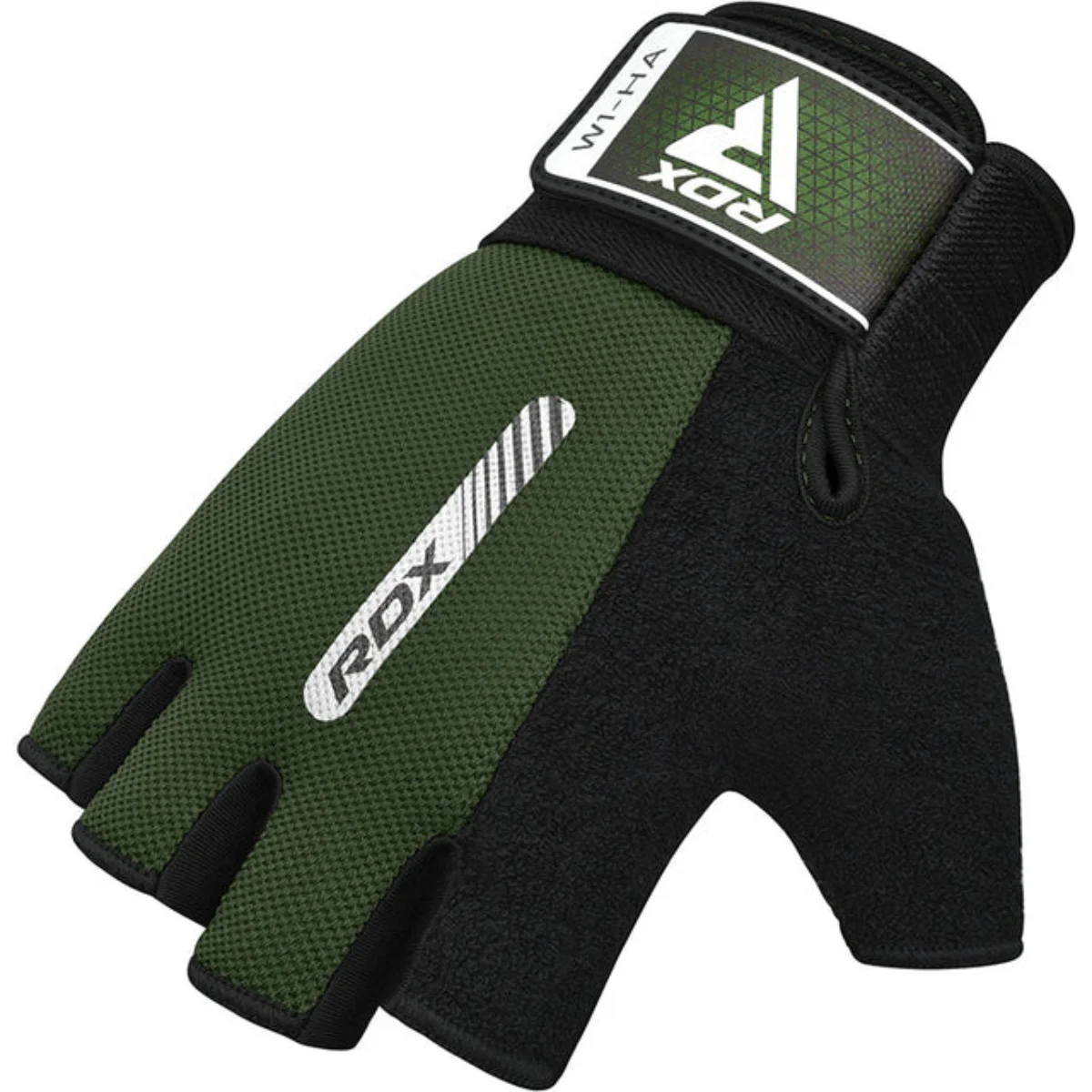 Gant d'entraînement vert et noir avec logo et texte RDX blancs, sans doigts.