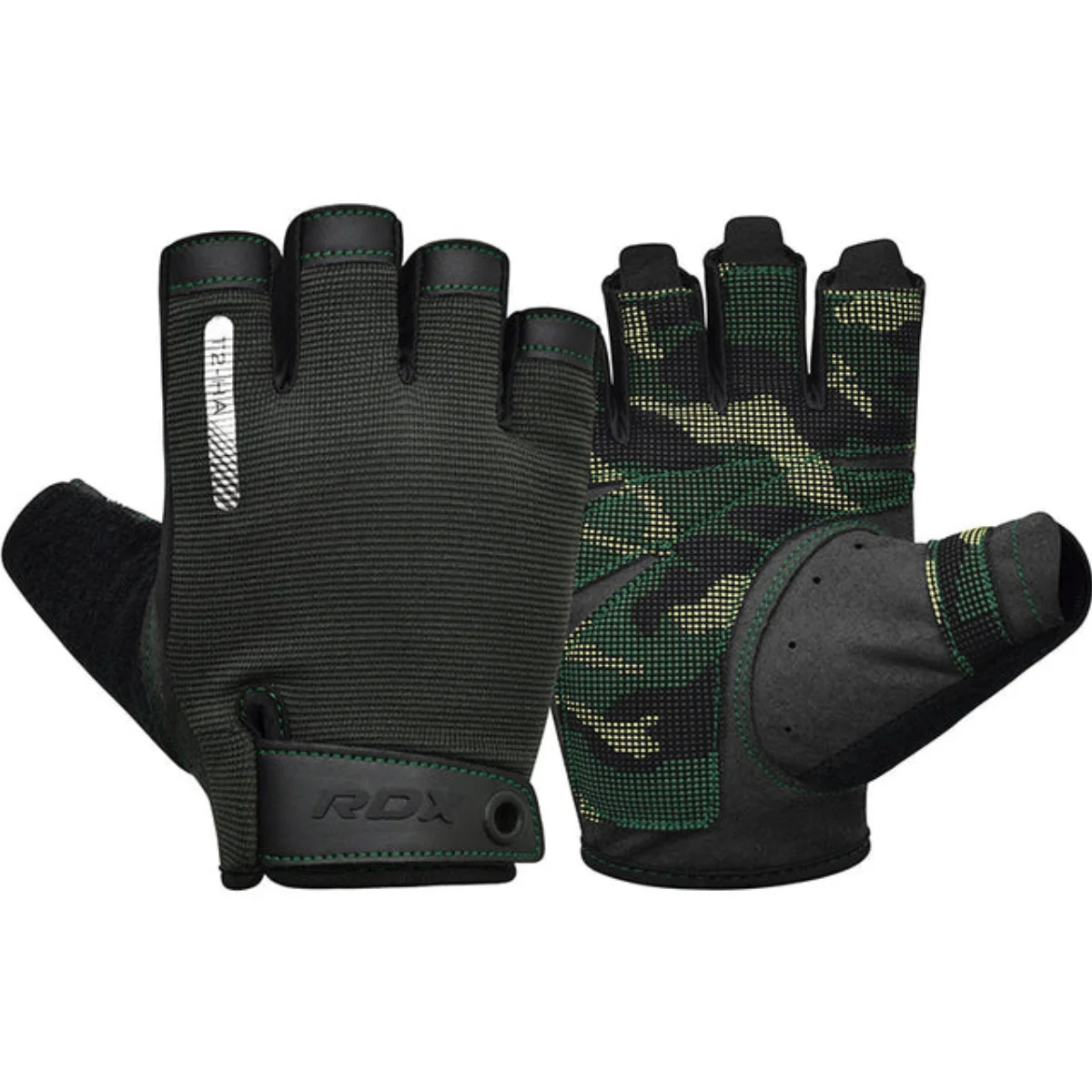 Gants d'haltérophilie noirs et verts. Motif camouflage au dos.