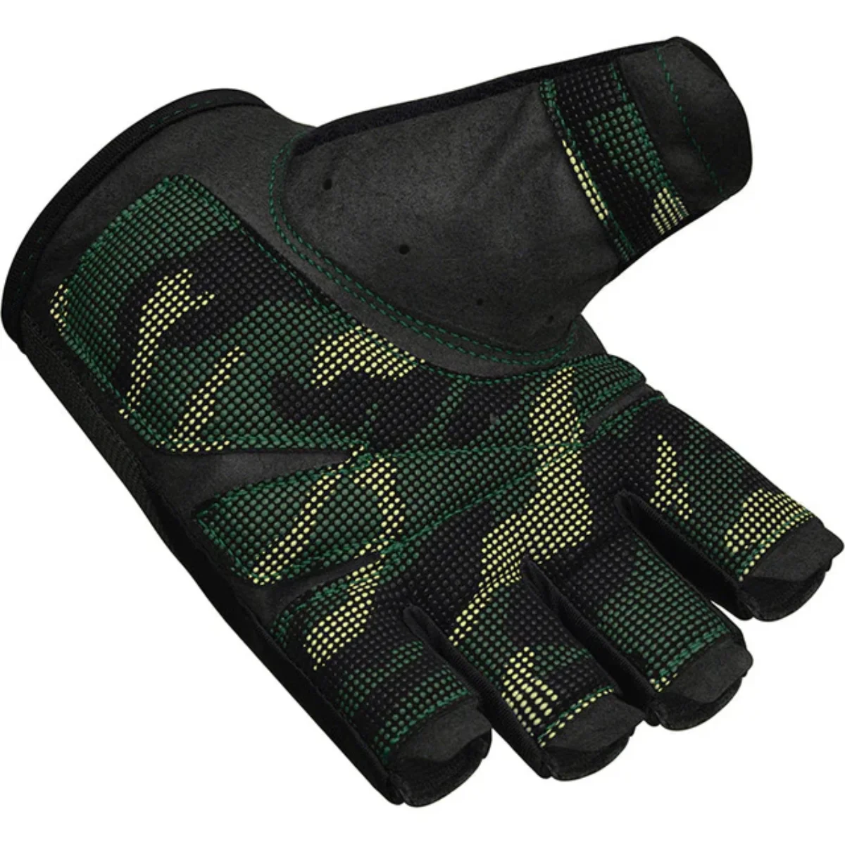 Gant d'entraînement sans doigts camouflage noir et vert. Coutures vertes visibles.