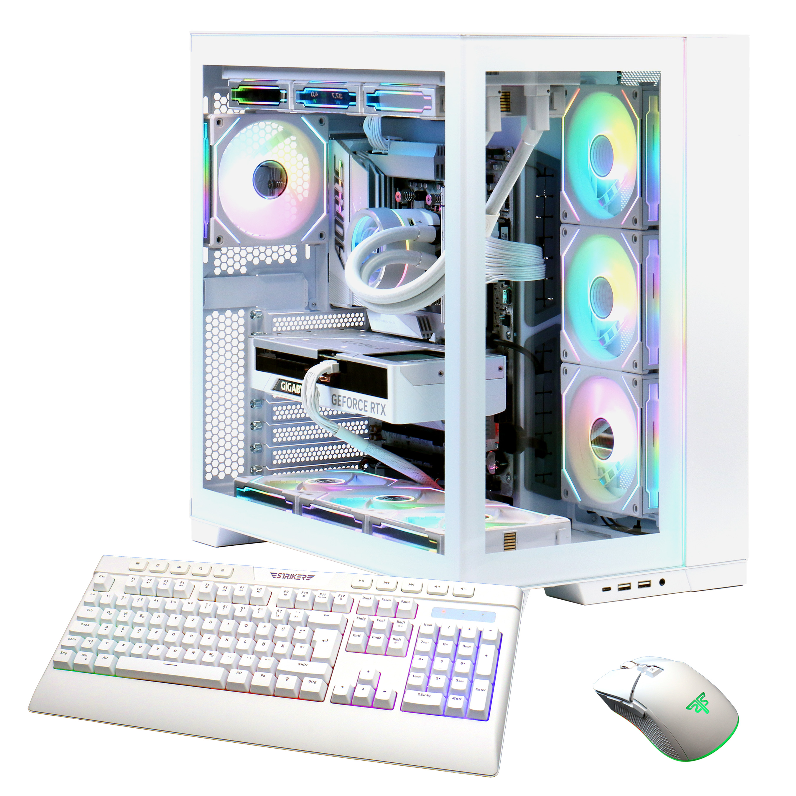 Weißes Computergehäuse mit Komponenten: Lüfter, Grafikkarte und Tastatur. Weißer Hintergrund.