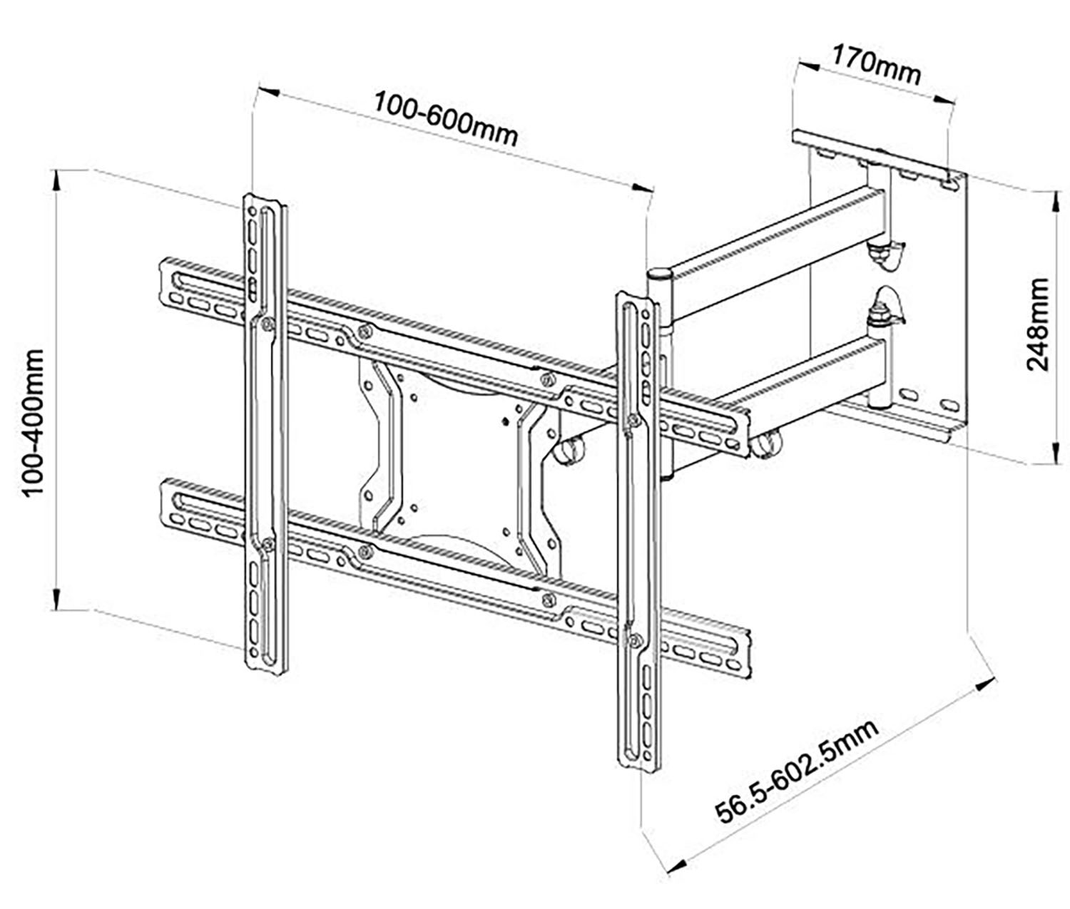 TV-Wandhalterung Diagramm mit Messungen und Abmessungen.