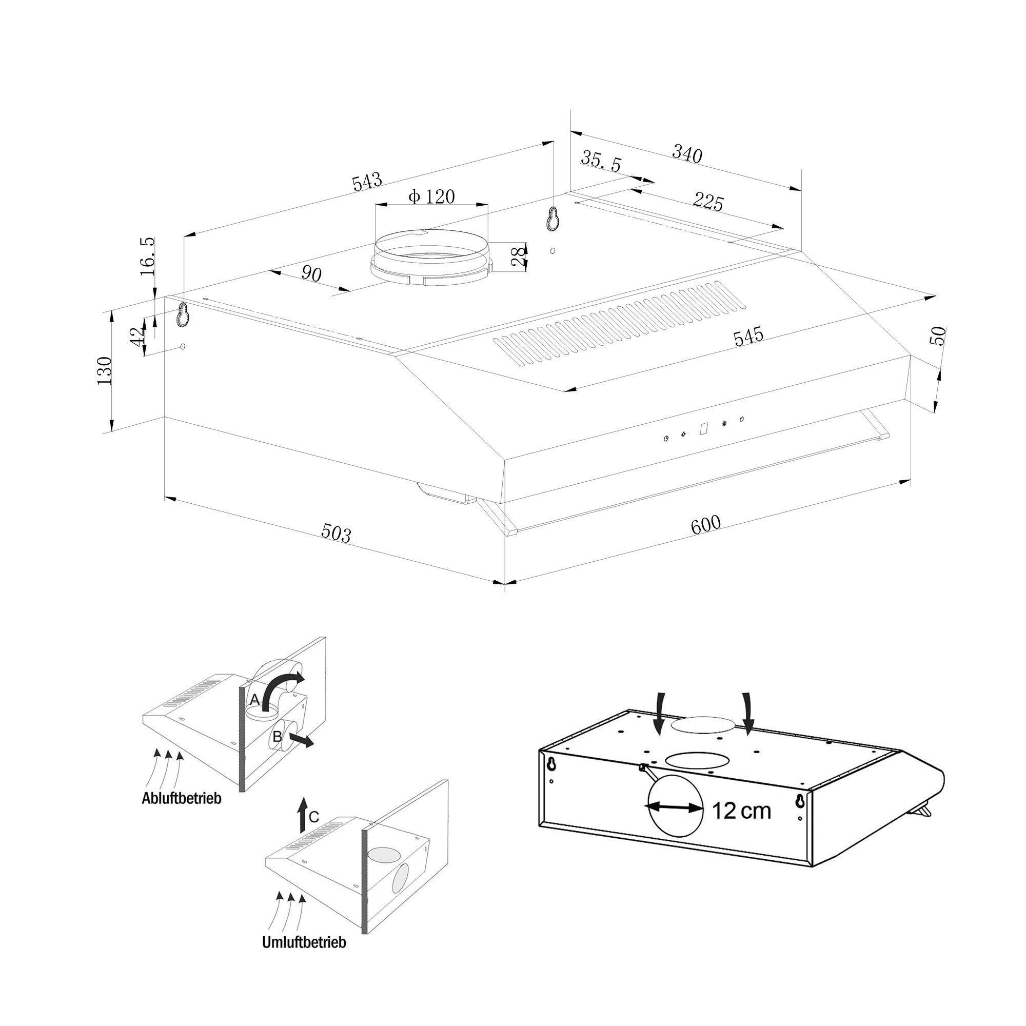 Detaillierte Diagramm einer Küchenhaube mit Abmessungen und Installationsdiagrammen.