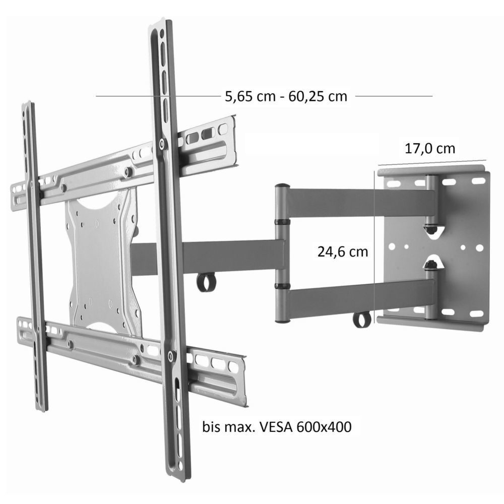 Eine TV-Halterung aus Metall mit Maßen, die Abmessungen zeigend. Sie ist silberfarben.