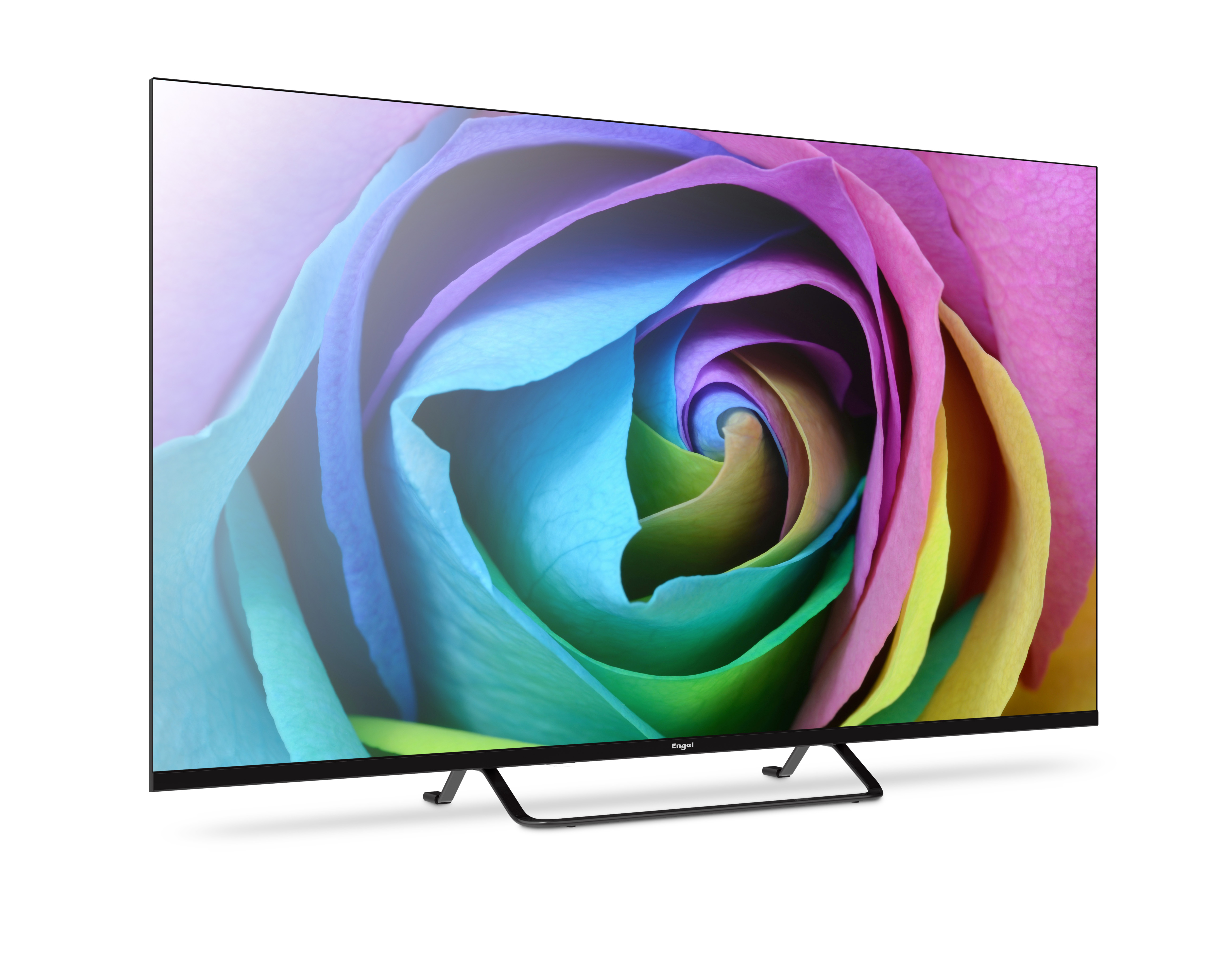 Una pantalla de TV que muestra una rosa con un arcoíris de colores, marco negro y soporte.
