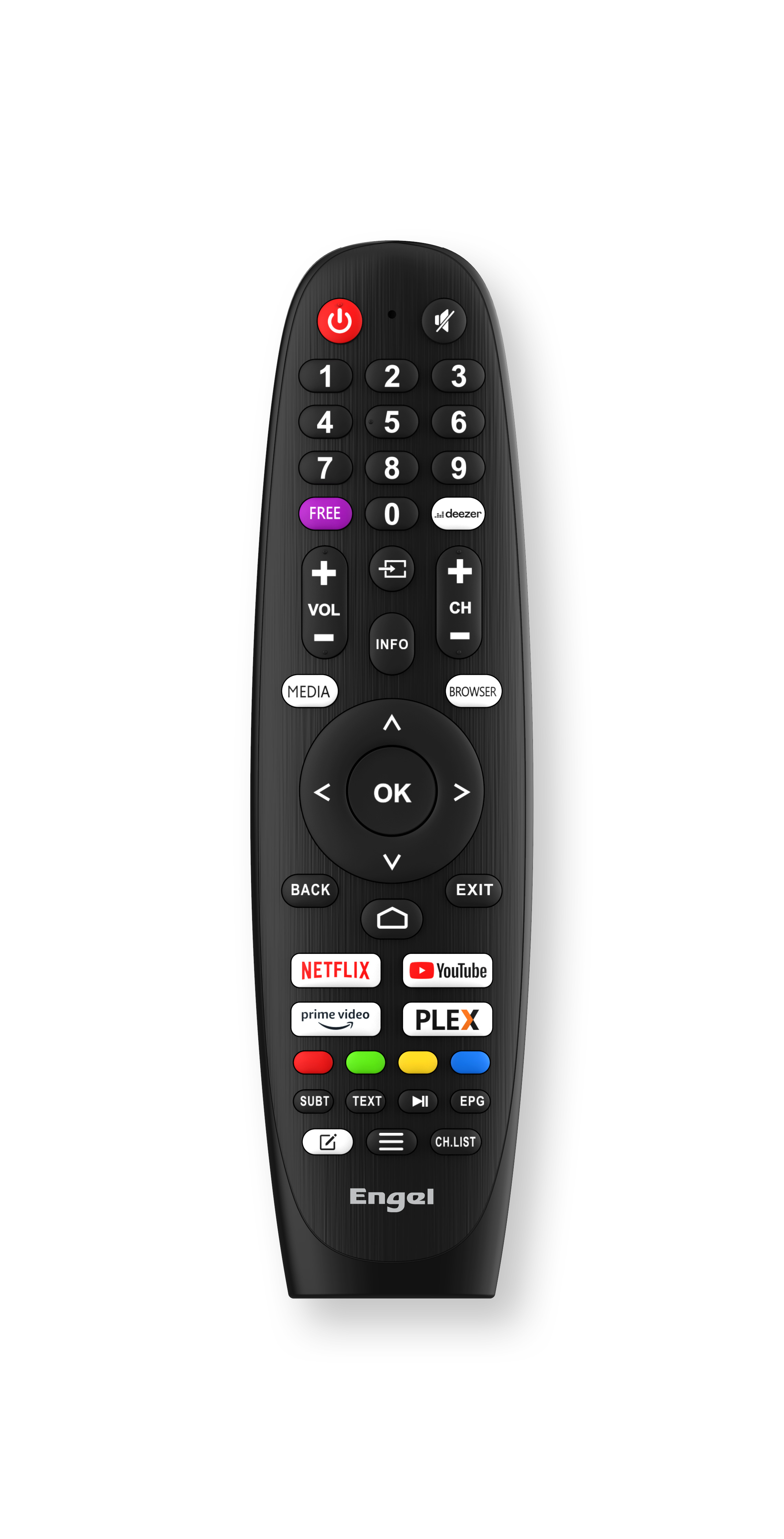 Mando a distancia Engel negro. Botones para Netflix, YouTube y más. Teclas numeradas.