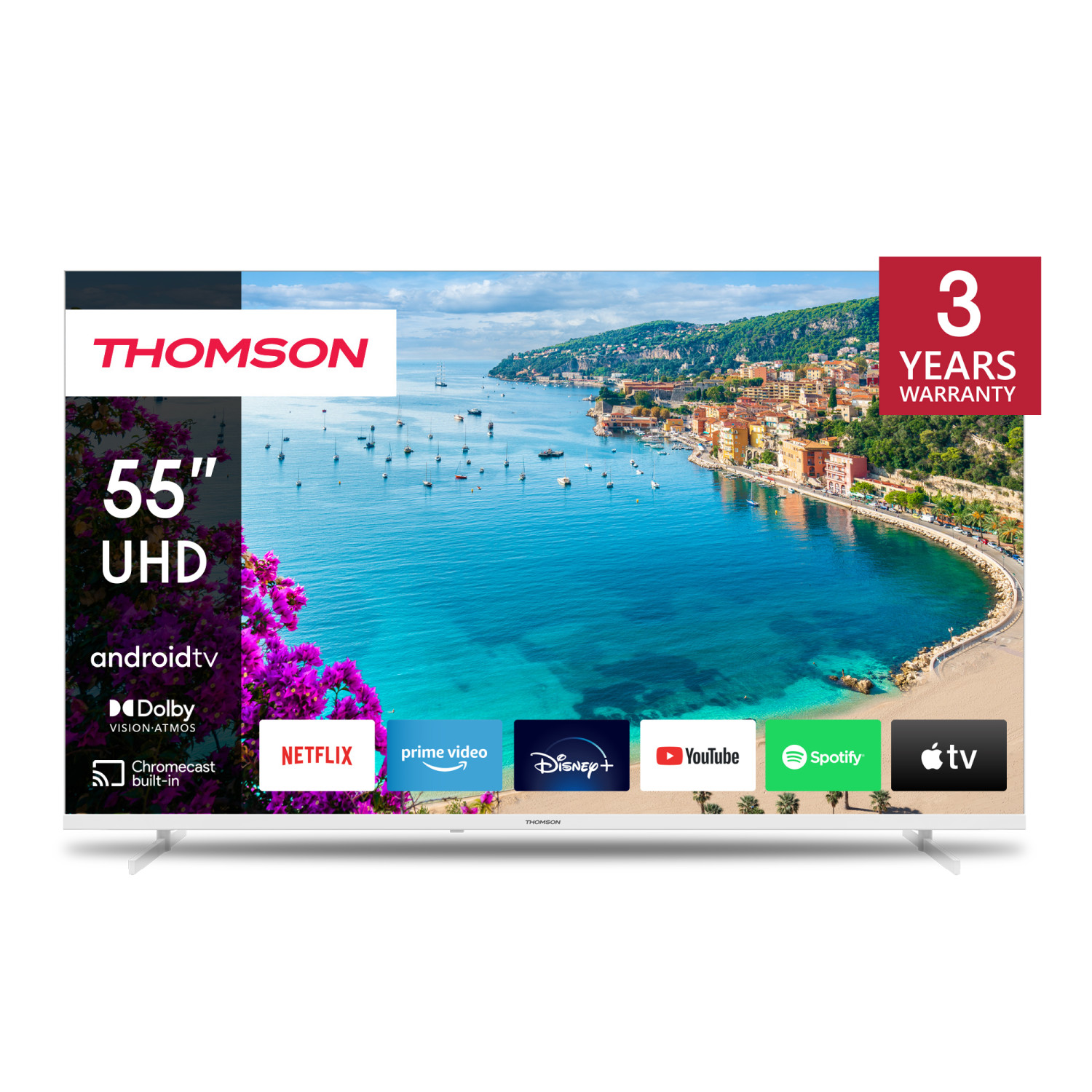 Un TV Thomson UHD Android da 55", con sfondo panoramico e icone app in basso.