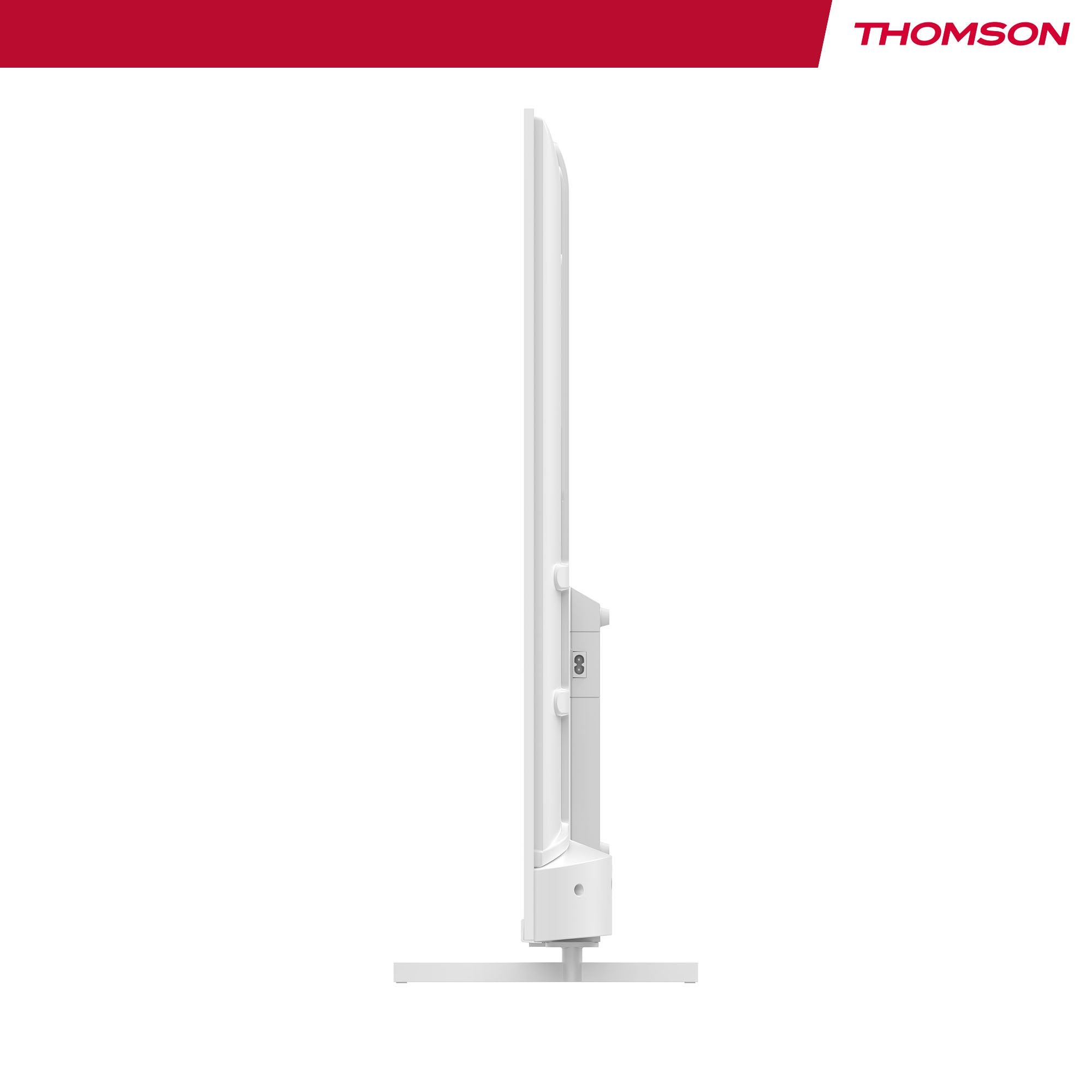 TV Thomson bianco, vista laterale, con supporto. Logo Thomson rosso in alto.