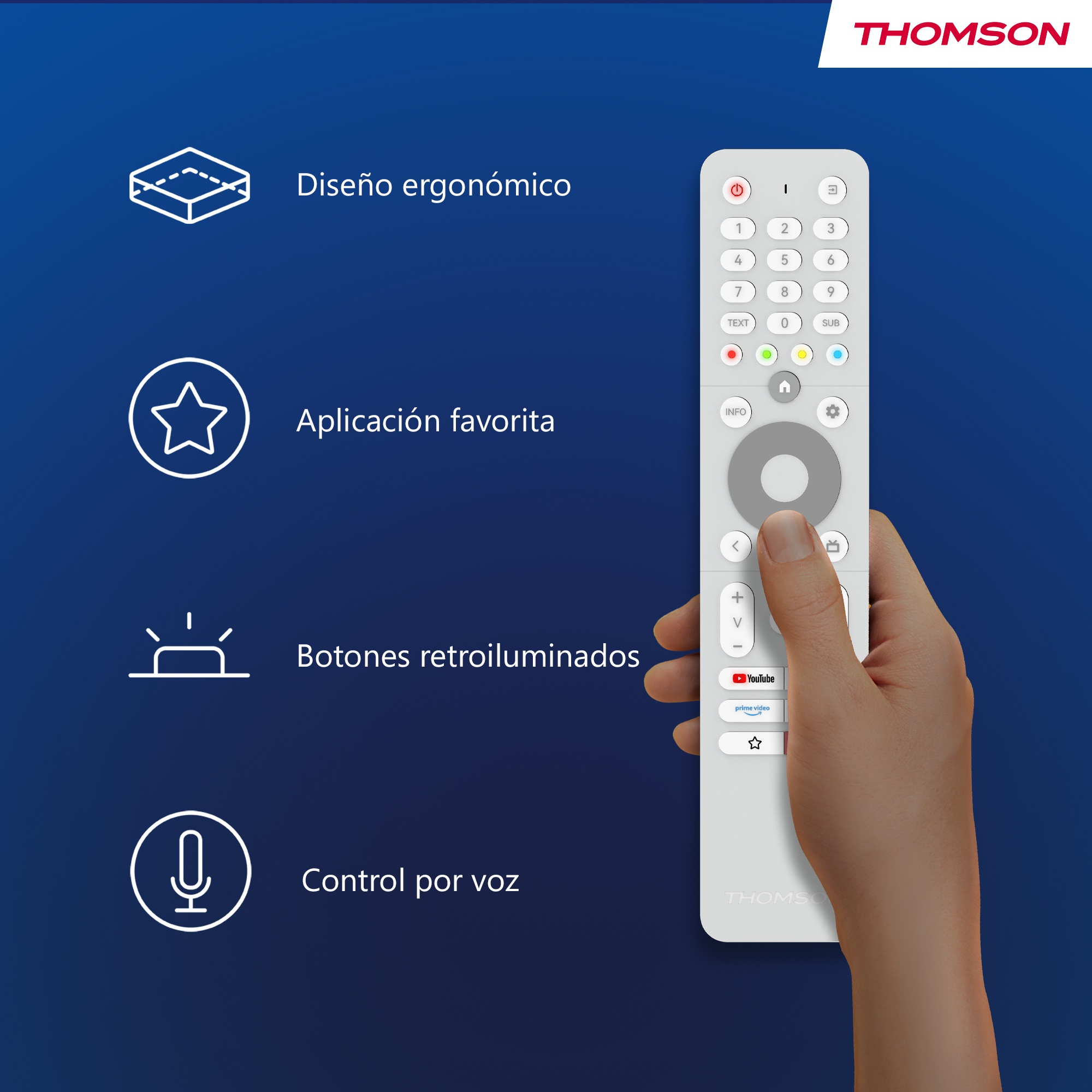 Mano che tiene telecomando bianco. Icone e testo su sfondo blu. Logo Thomson in alto a destra.