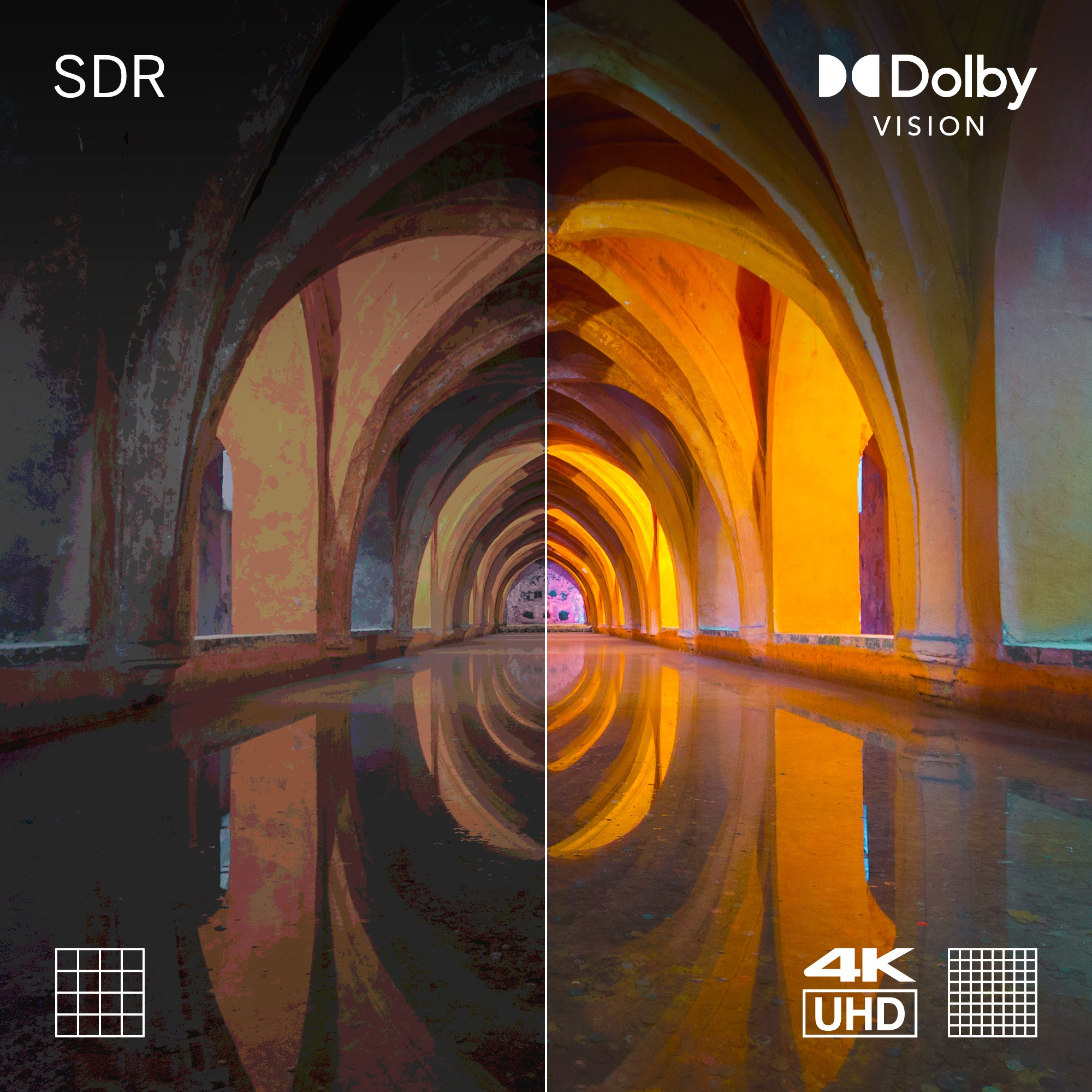 Confronto di immagini SDR e Dolby Vision, che mostrano una stanza con soffitti a volta e acqua.