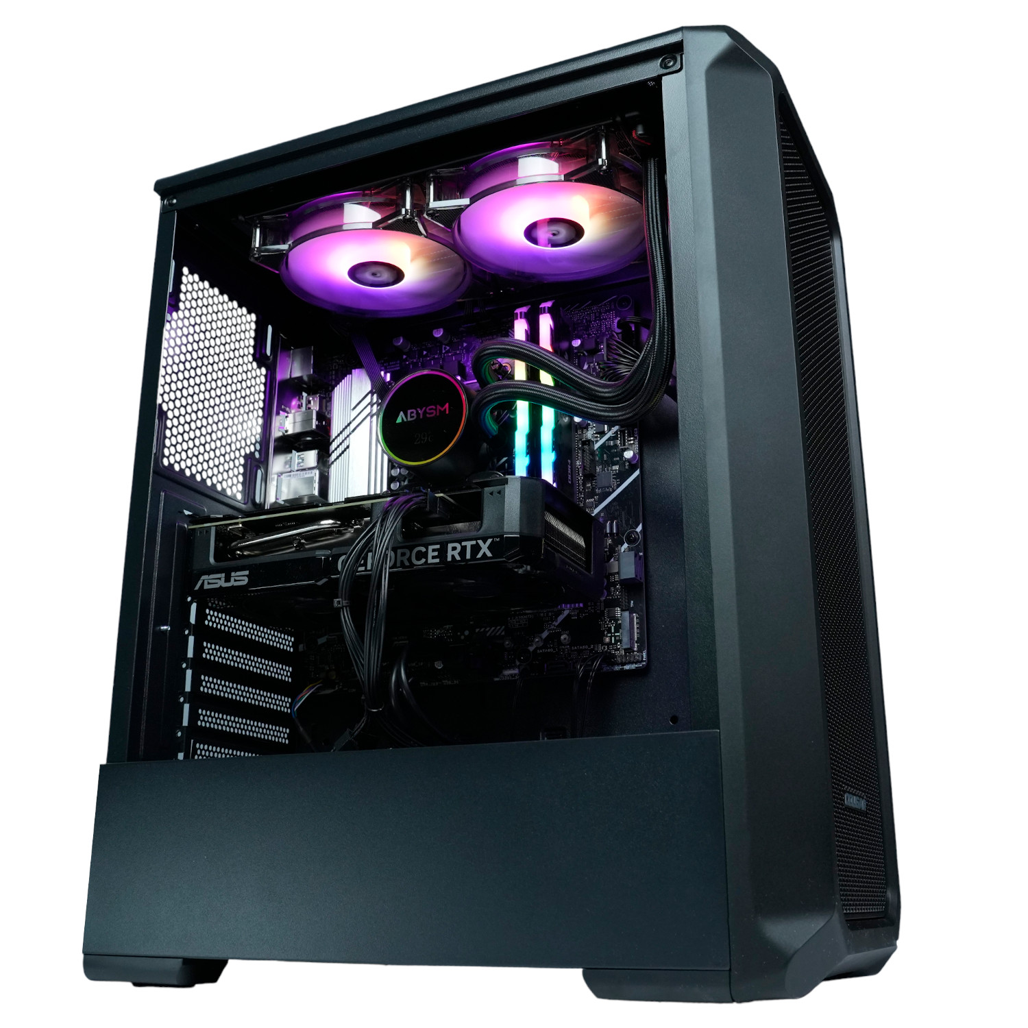 Una caja de computadora negra con componentes internos, incluyendo ventiladores y tarjeta gráfica.