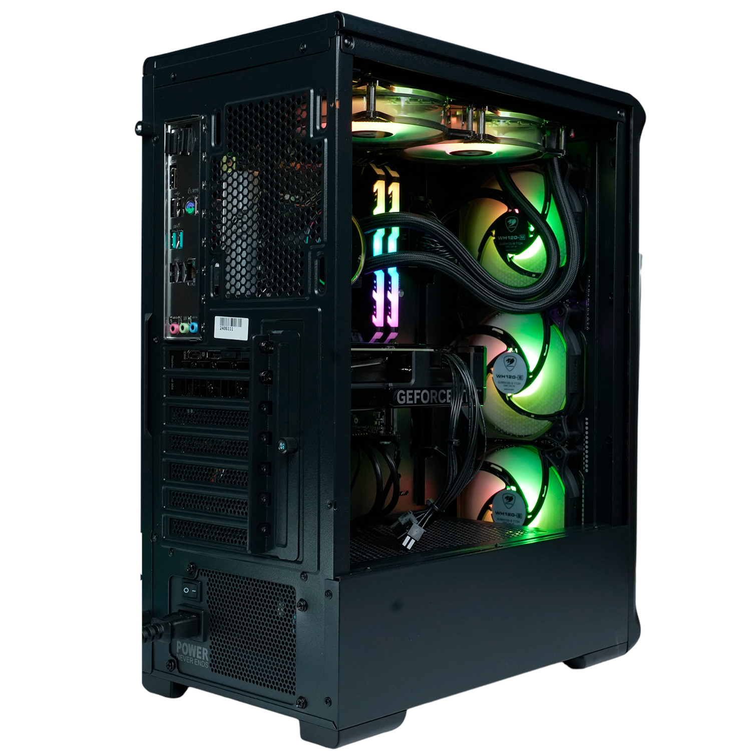 Una caja de computadora con un lado abierto, mostrando componentes internos como ventiladores, una tarjeta gráfica y luces.