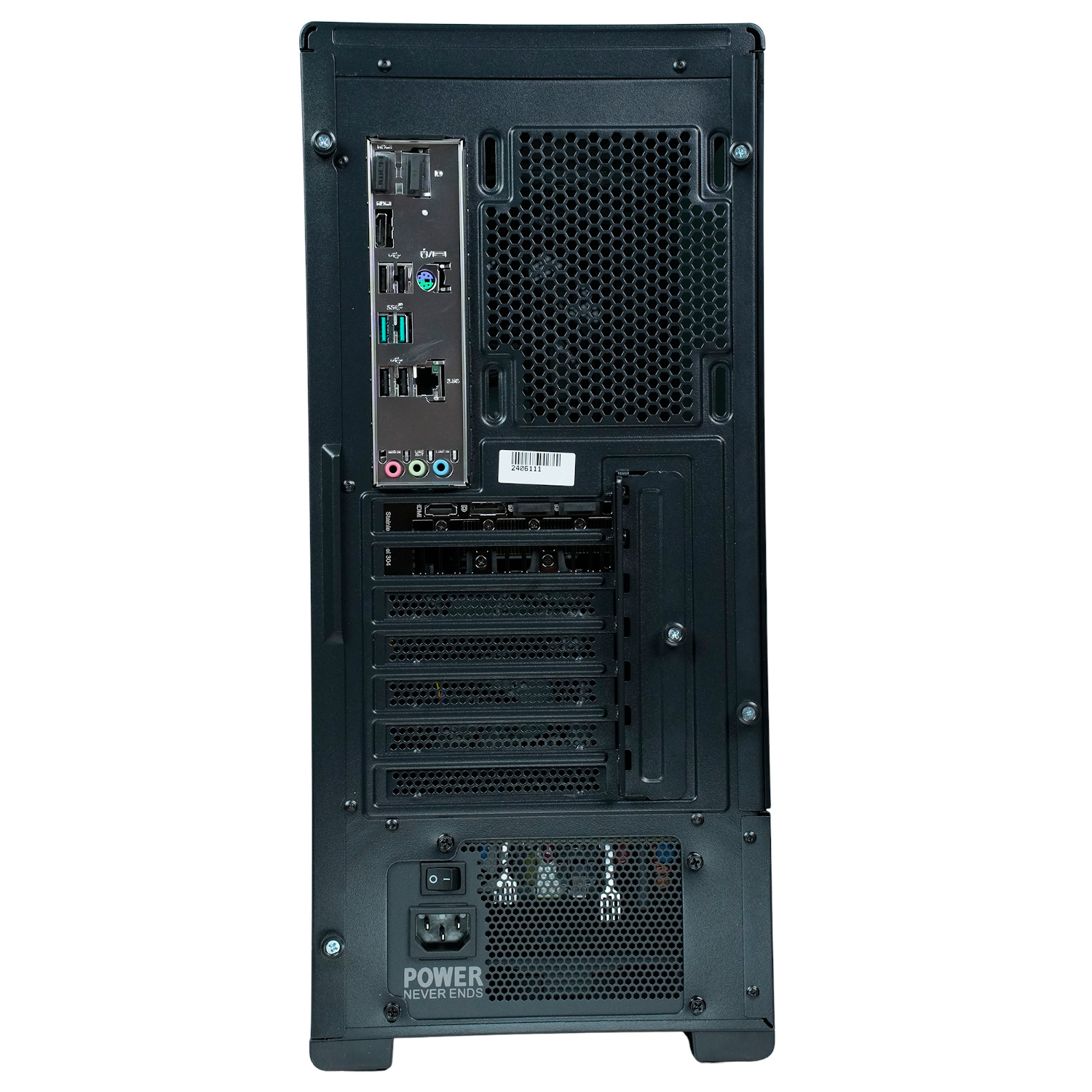 Parte trasera de una caja de computadora negra con puertos y ventilaciones.